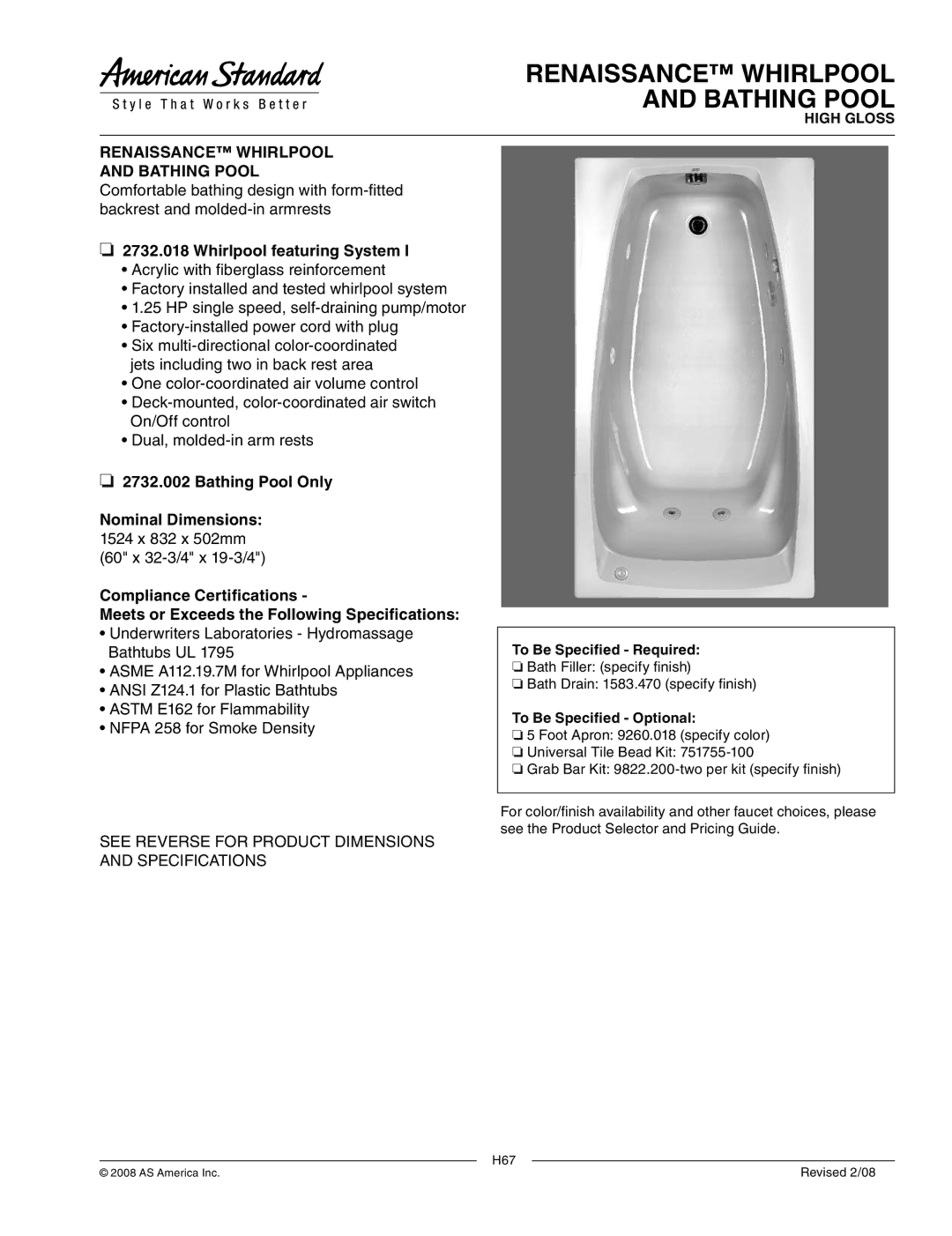 American Standard 2732.002 dimensions Renaissance Whirlpool Bathing Pool 