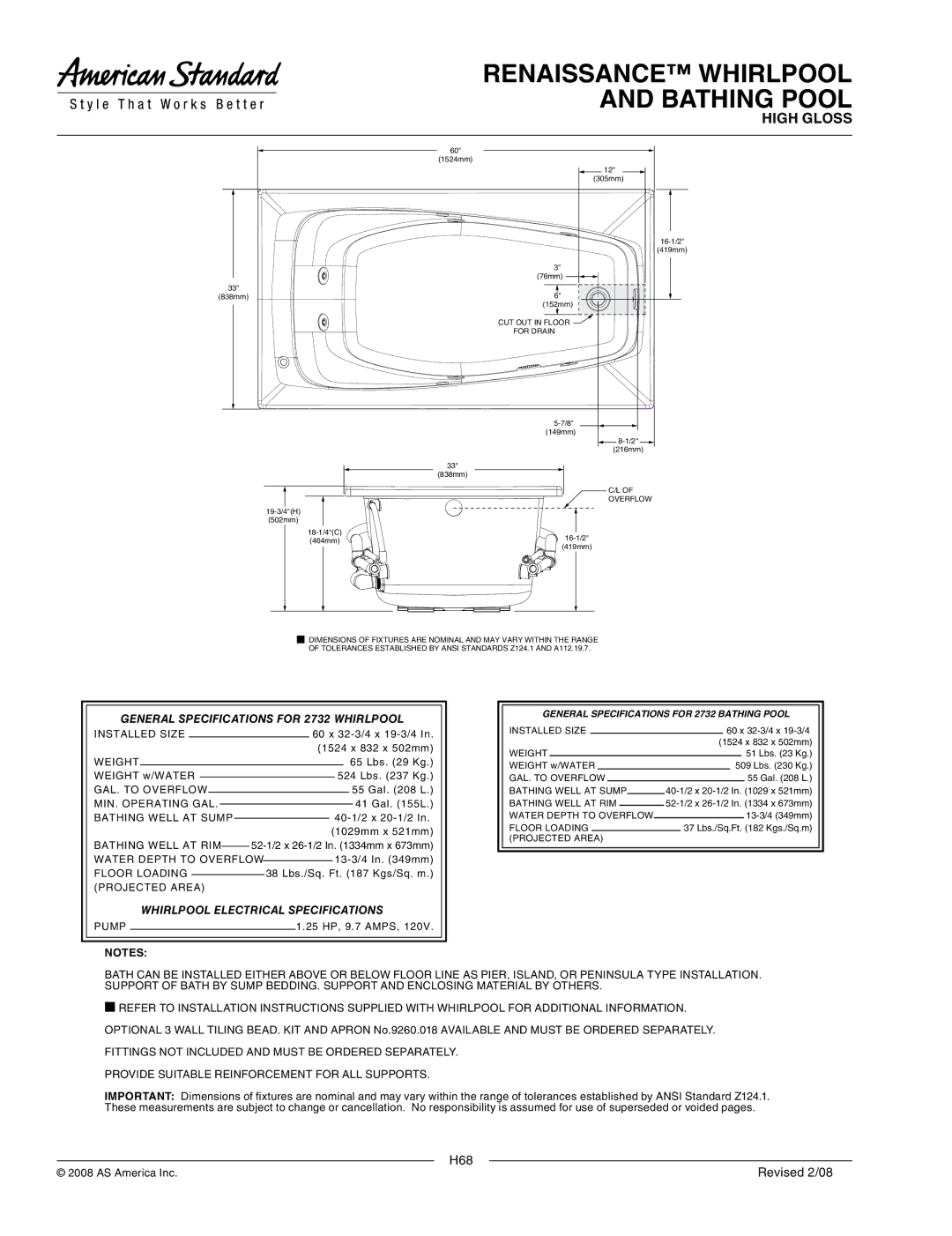 American Standard 2732.002 dimensions General Specifications for 2732 Whirlpool, Whirlpool Electrical Specifications 