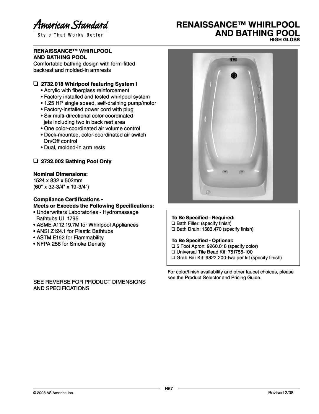 American Standard 2732.002 dimensions Renaissance Whirlpool And Bathing Pool, Whirlpool featuring System 