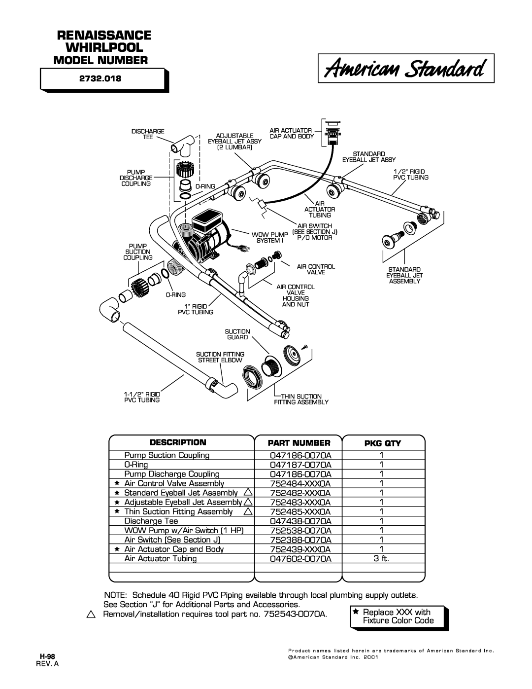 American Standard 752538-0070A manual Renaissance Whirlpool, Model Number, 2732.018, Description, Part Number, Pkg Qty 