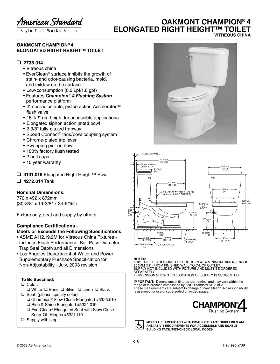 American Standard 3101.016 warranty Oakmont Champion Elongated Right Height Toilet, 2738.014, Tank Nominal Dimensions 