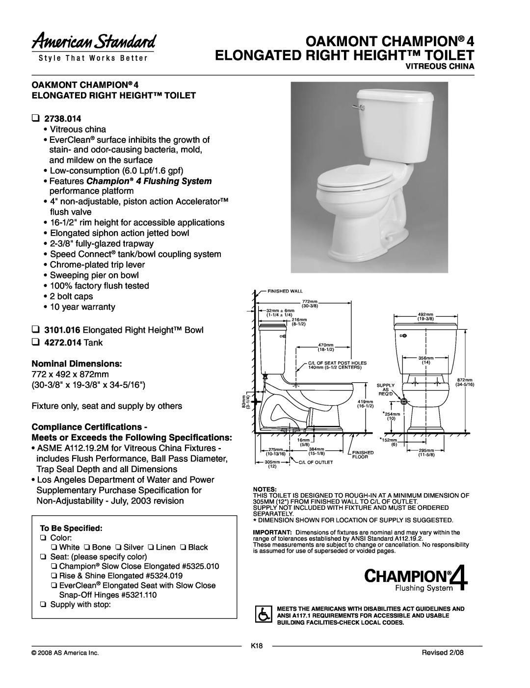 American Standard 3101.016 warranty Oakmont Champion Elongated Right Height Toilet, 2738.014, Tank Nominal Dimensions 