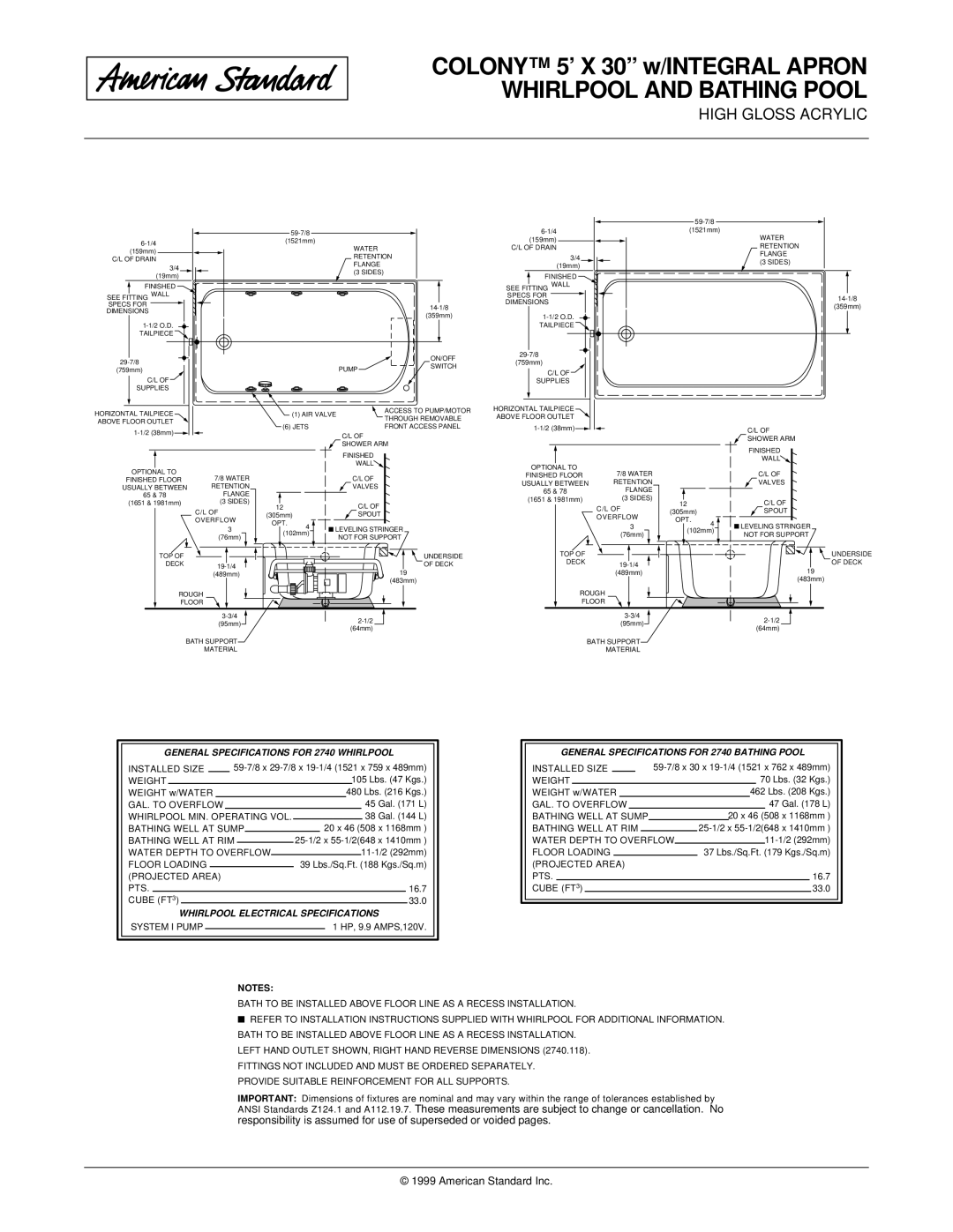 American Standard 2740.118, 2740.218, 2740.202 Whirlpool and Bathing Pool, General Specifications for 2740 Whirlpool 