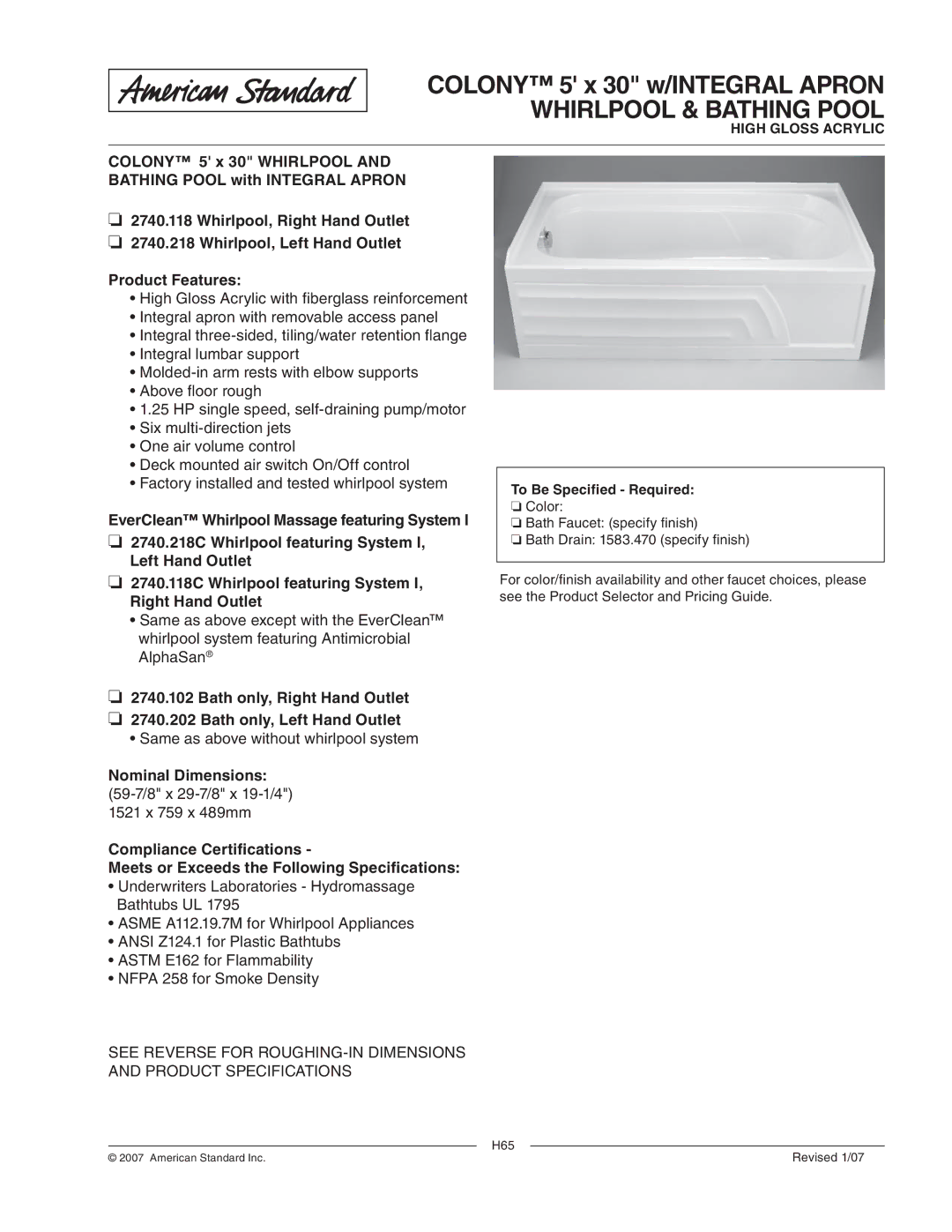 American Standard 2740.118C dimensions Colony 5 x 30 w/INTEGRAL Apron Whirlpool & Bathing Pool, To Be Specified Required 