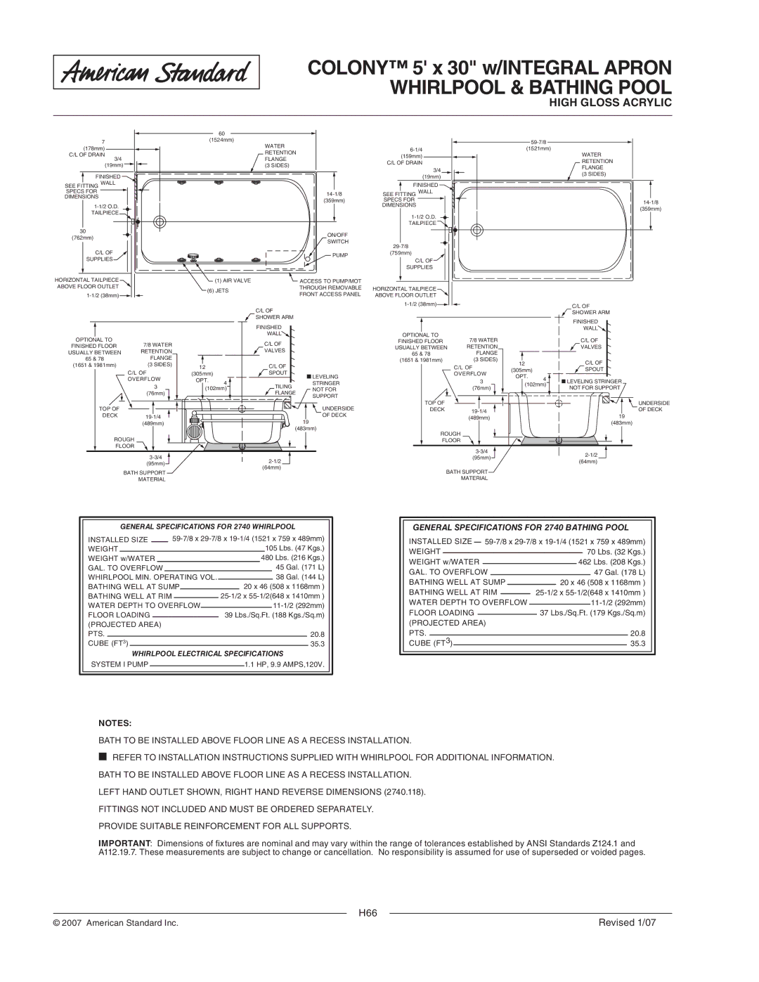 American Standard 2740.218C, 2740.118C dimensions Whirlpool & Bathing Pool, General Specifications for 2740 Bathing Pool 