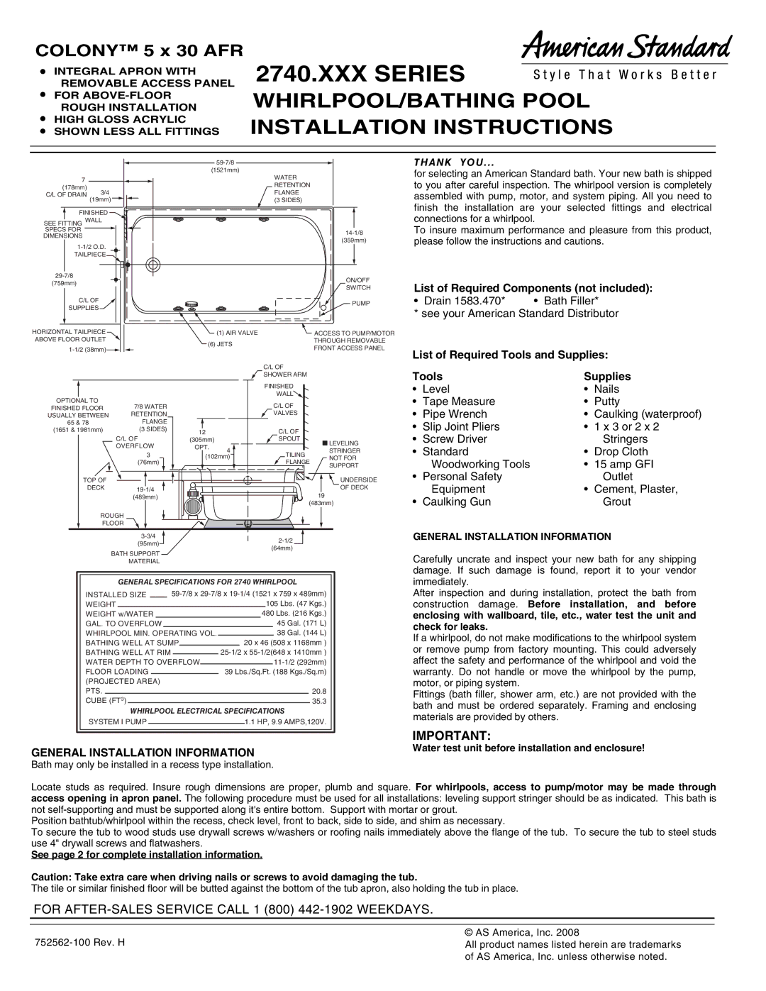 American Standard 2740.XXX SERIES installation instructions Colony 5 x 30 AFR, General Installation Information 