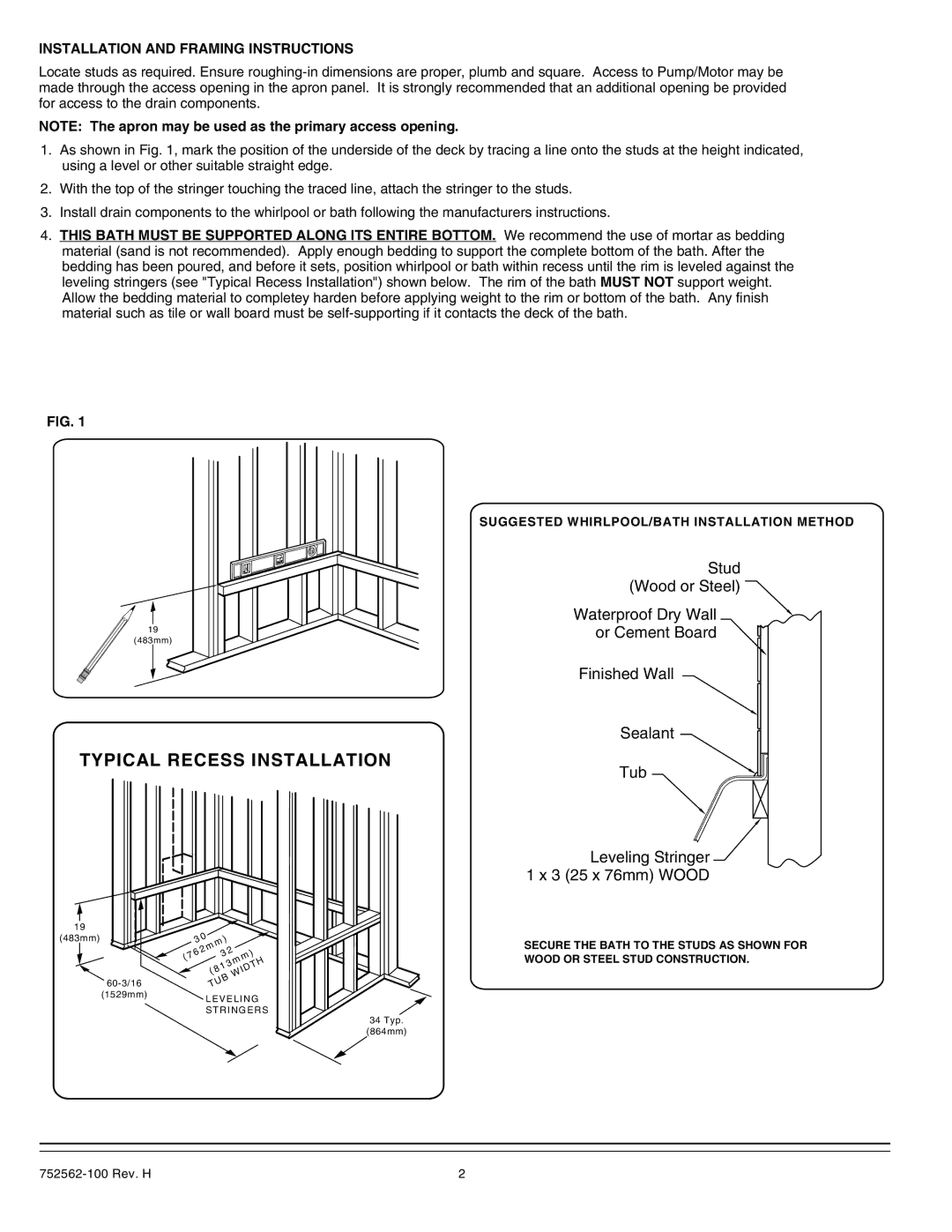 American Standard 2740.XXX SERIES Typical Recess Installation, Installation and Framing Instructions 