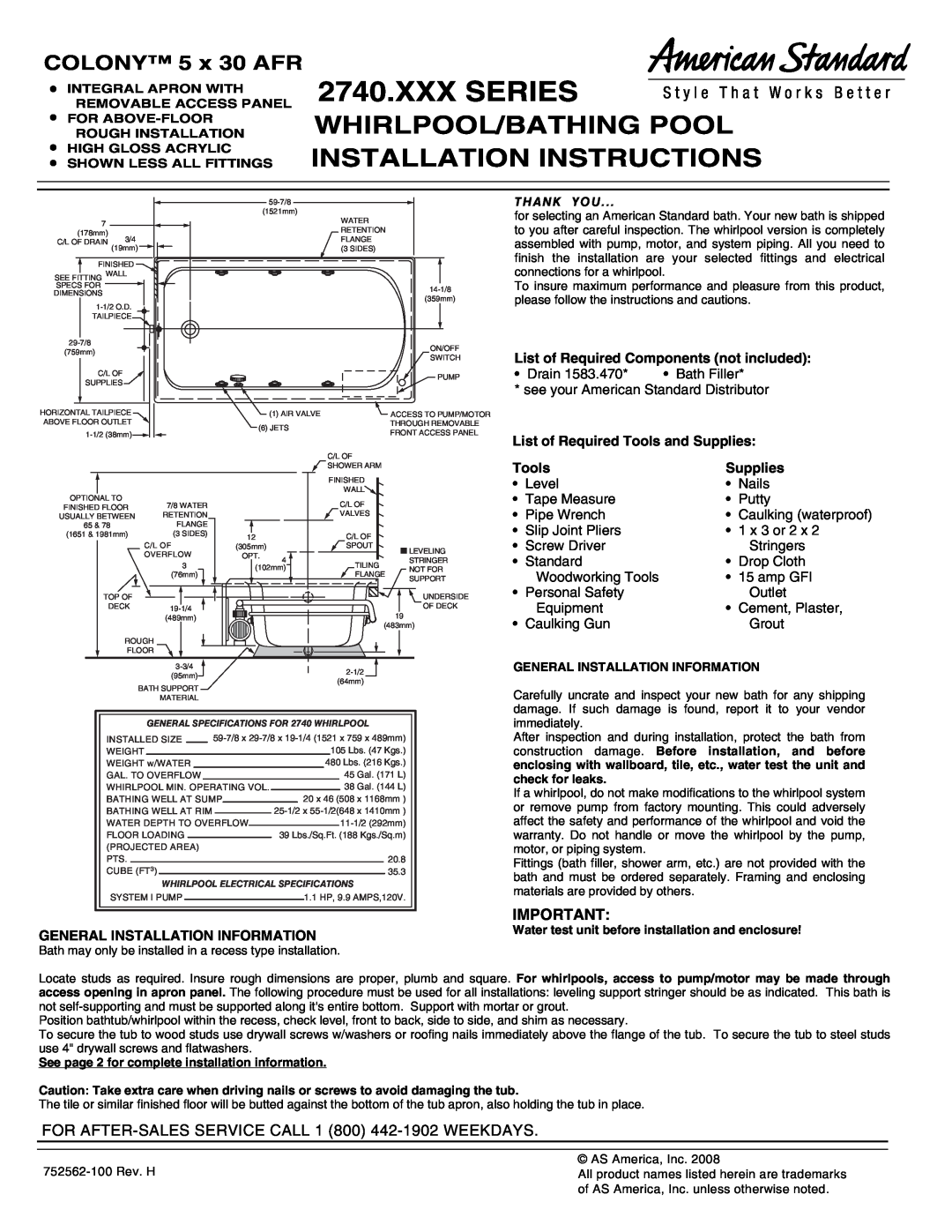 American Standard 2740.XXX SERIES installation instructions Xxx Series, Whirlpool/Bathing Pool Installation Instructions 