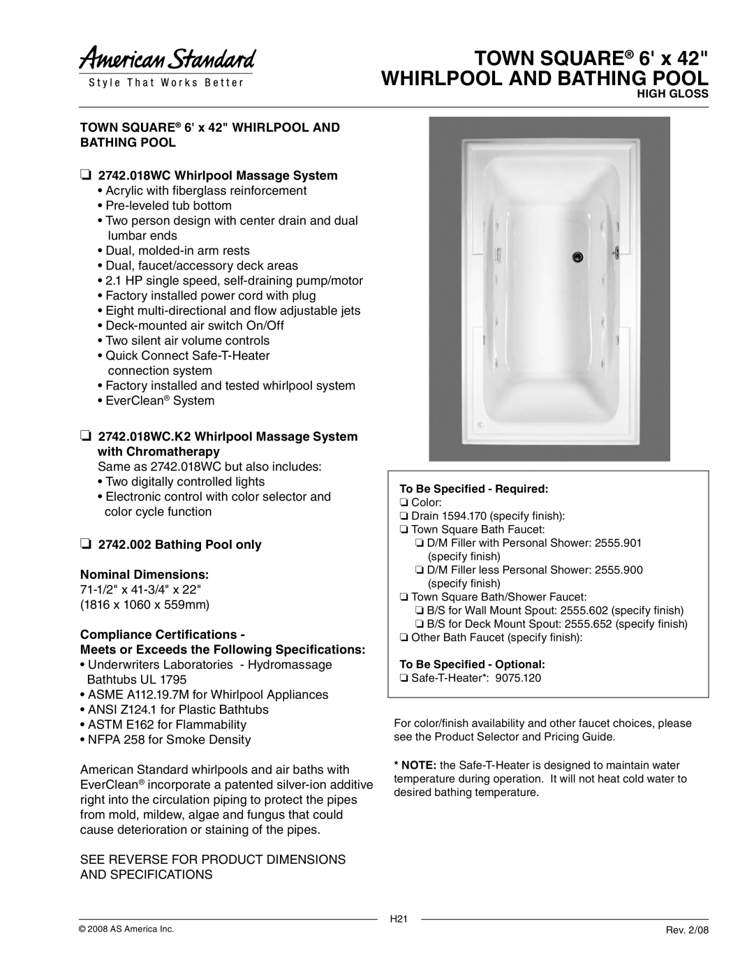 American Standard 2742.018WC.K2, 2742.002 dimensions Whirlpool and Bathing Pool, Bathing Pool only Nominal Dimensions 