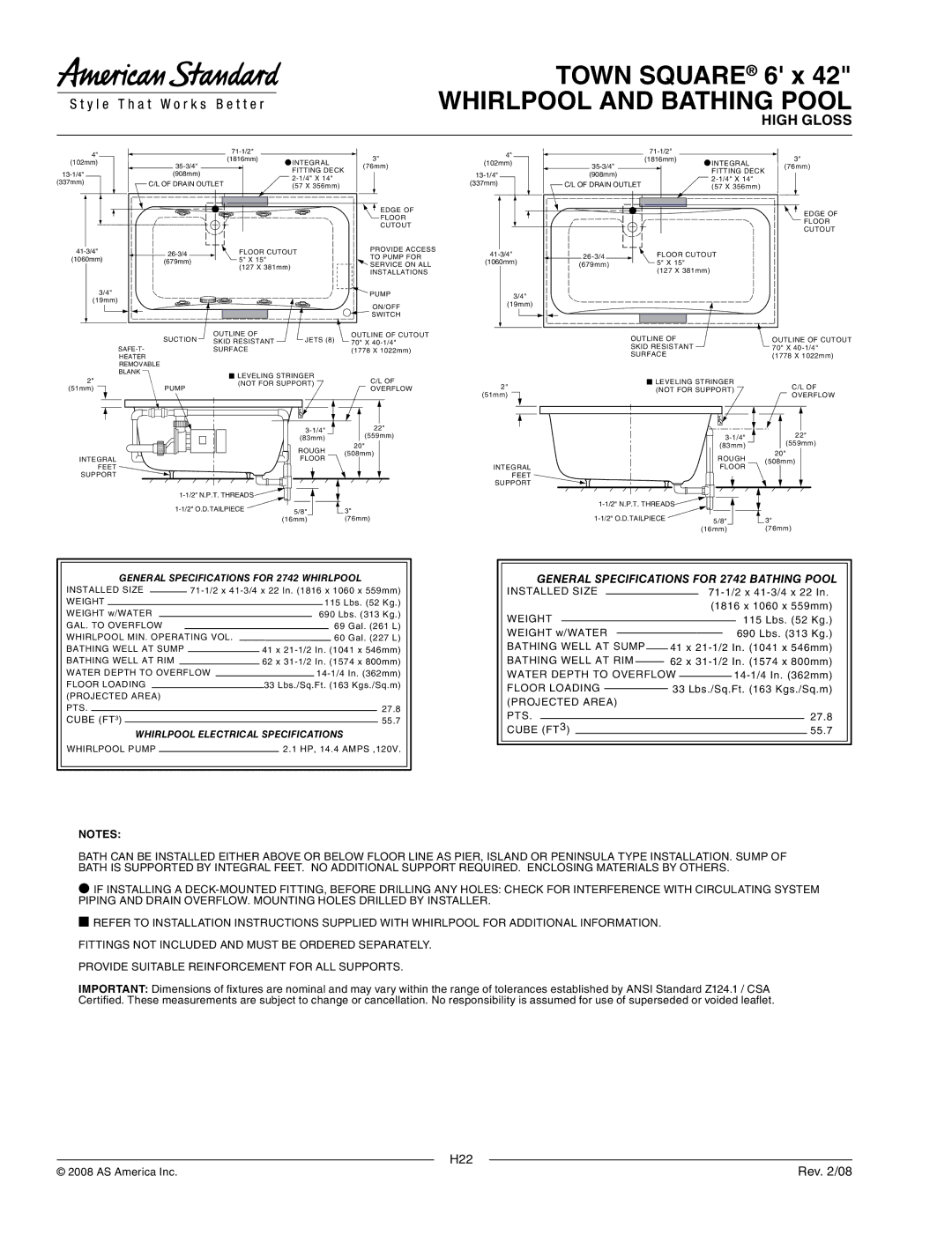 American Standard 2742.018WC General Specifications for 2742 Bathing Pool, General Specifications for 2742 Whirlpool 