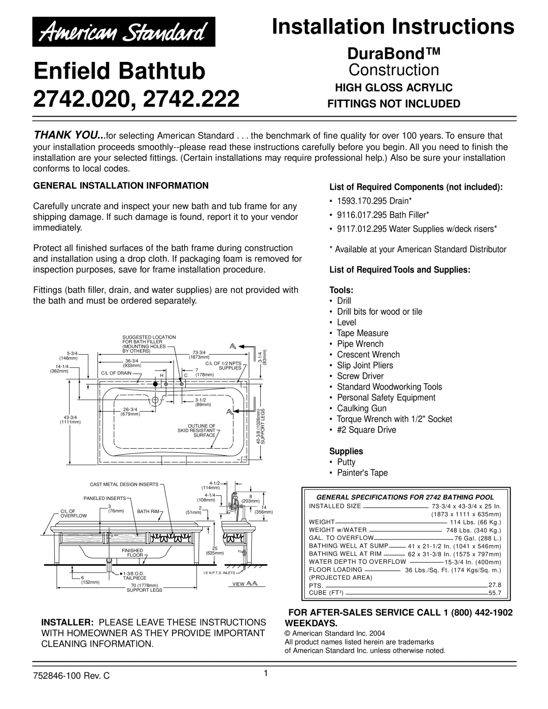 American Standard 2742.222, 2742.020 installation instructions DuraBond, High Gloss Acrylic Fittings not Included 