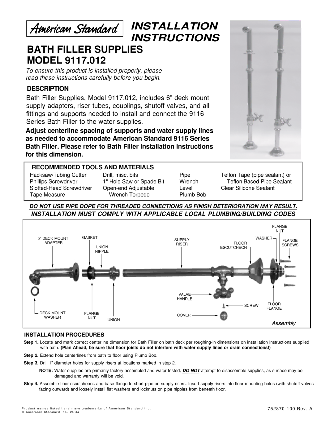 American Standard 2742.222, 2742.020 installation instructions Model, Description, Installation Procedures 