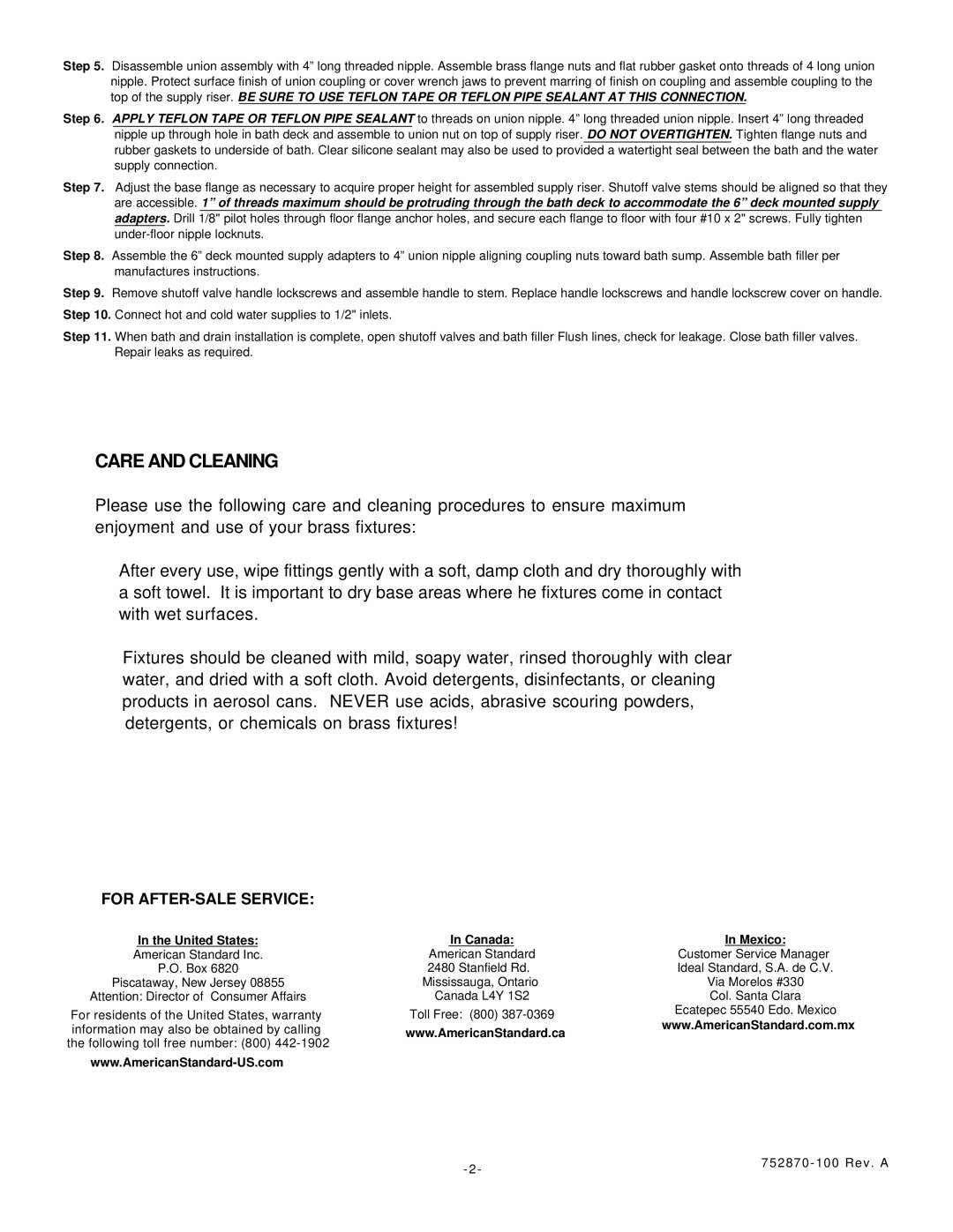 American Standard 2742.020, 2742.222 installation instructions Care and Cleaning, For AFTER-SALE Service 