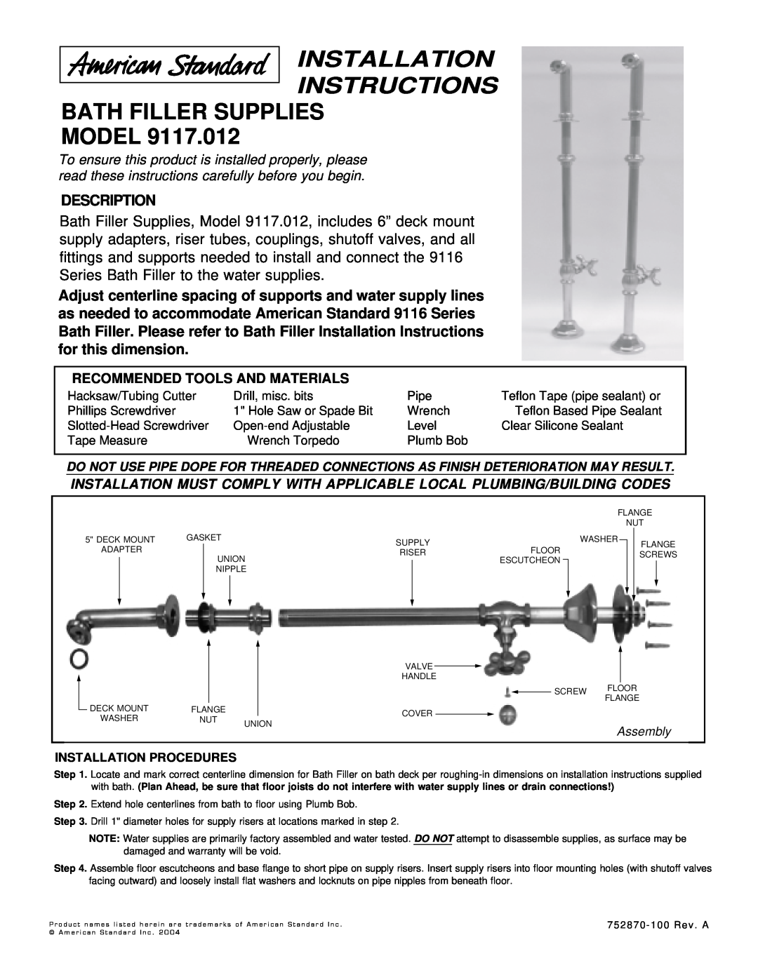 American Standard 2742.222, 2742.020 Bath Filler Supplies Model, Description, Installation Instructions, Assembly 