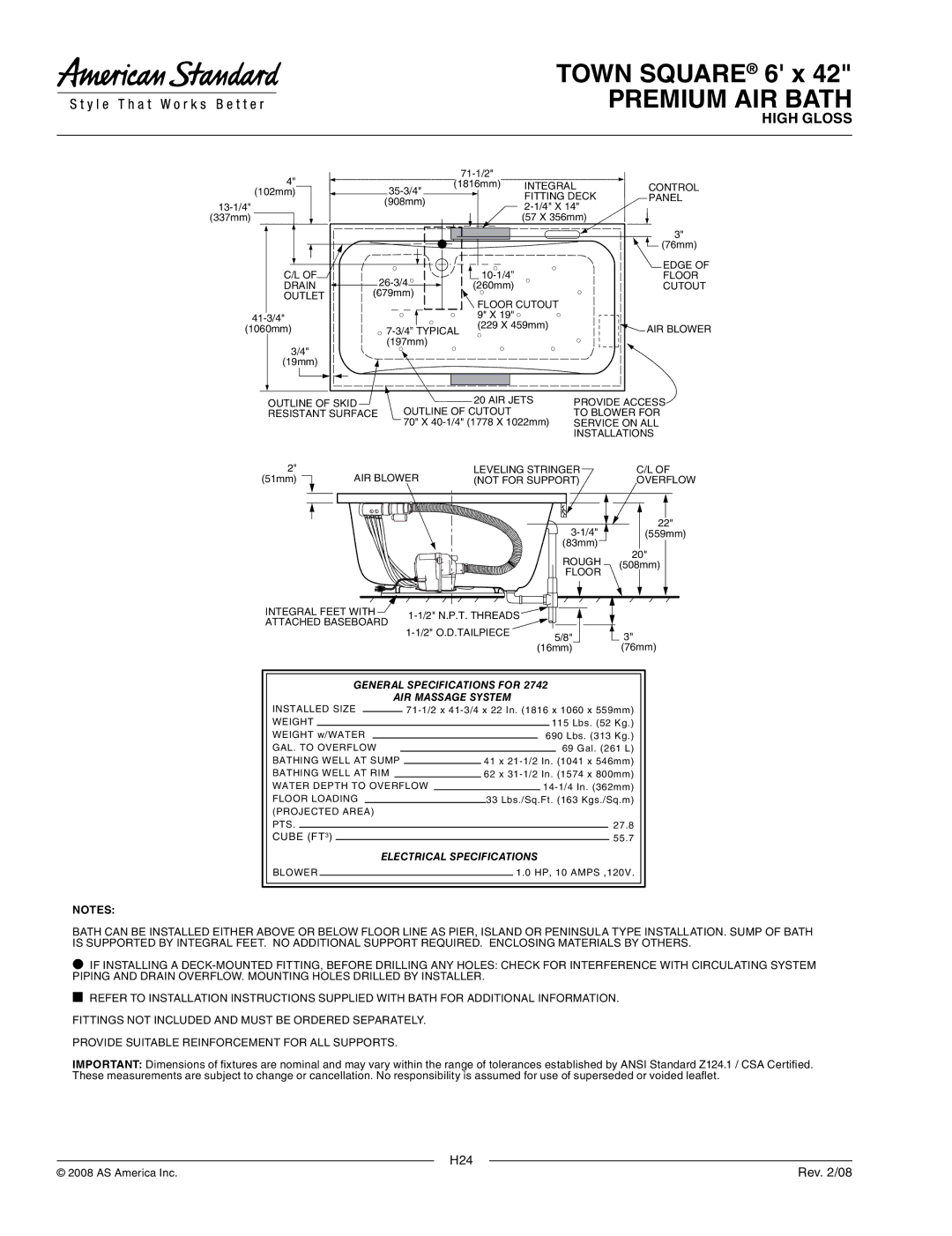 American Standard 2742.328.K2 dimensions General Specifications for AIR Massage System, Electrical Specifications 