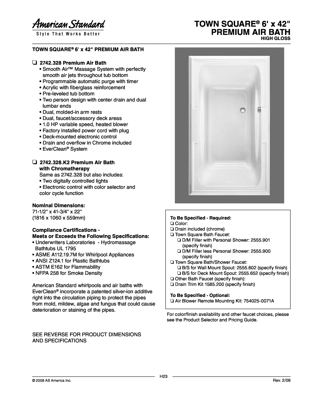 American Standard dimensions TOWN SQUARE 6 x PREMIUM AIR BATH, 2742.328.K2 Premium Air Bath with Chromatherapy 