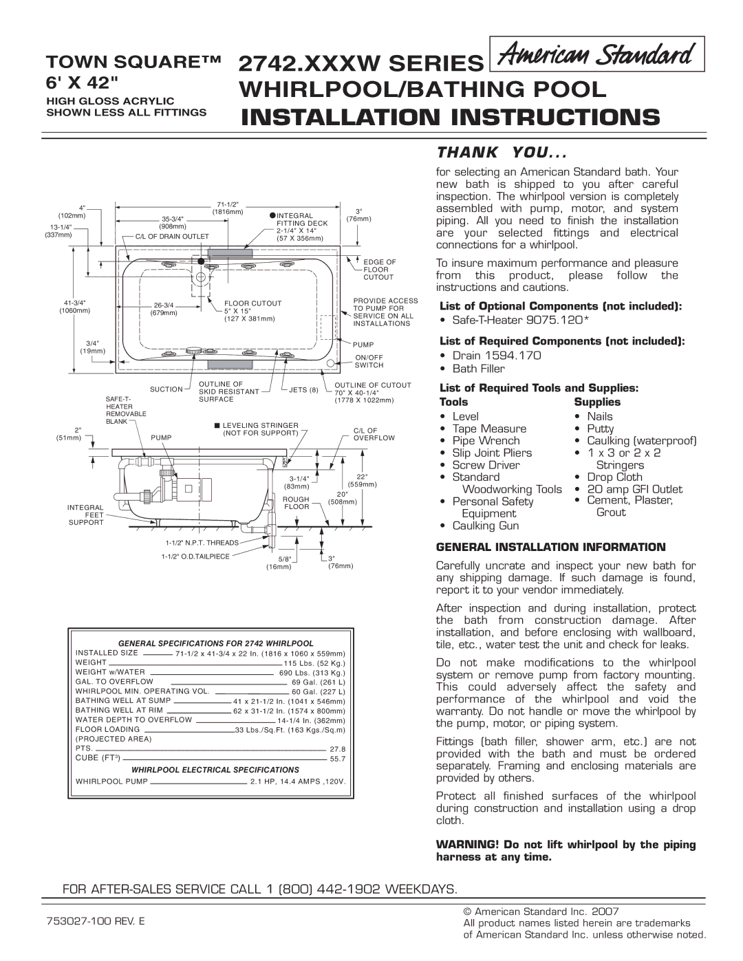 American Standard 2742.XXXW Series installation instructions List of Optional Components not included 