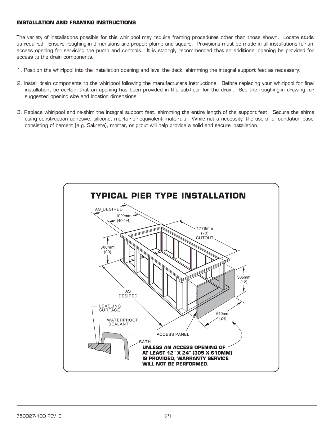 American Standard 2742.XXXW Series Typical Pier Type Installation, Installation and Framing Instructions 