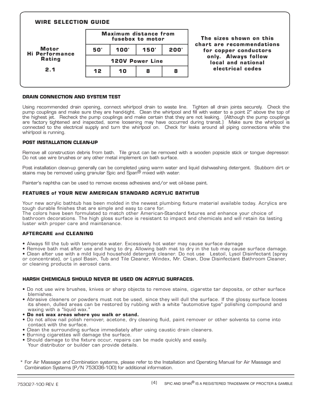 American Standard 2742.XXXW Series installation instructions Drain Connection and System Test, Post Installation CLEAN-UP 