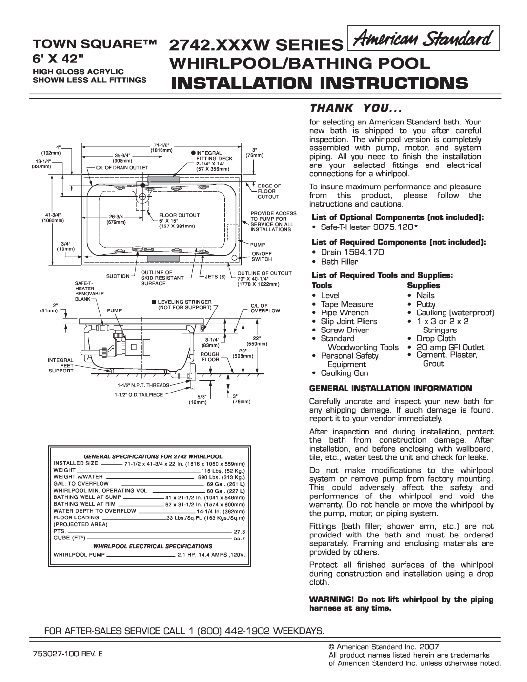 American Standard 2742.XXXW Series installation instructions Town Square, Thank You, List of Required Tools and Supplies 