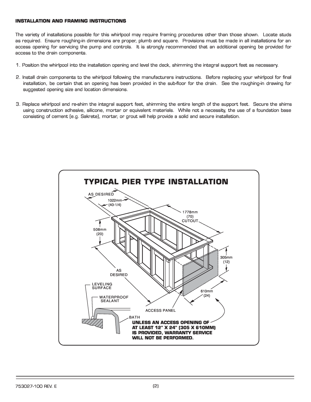 American Standard 2742.XXXW Series Typical Pier Type Installation, Installation And Framing Instructions 