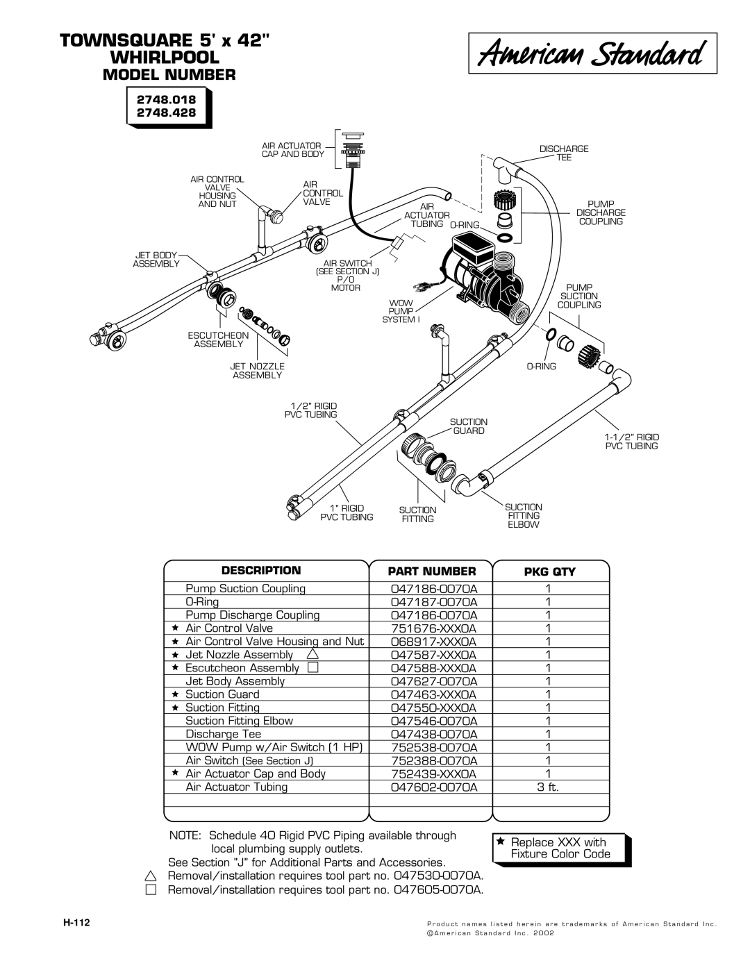 American Standard manual Whirlpool, Model Number, 2748.018 2748.428, Description Part Number PKG QTY, 112 