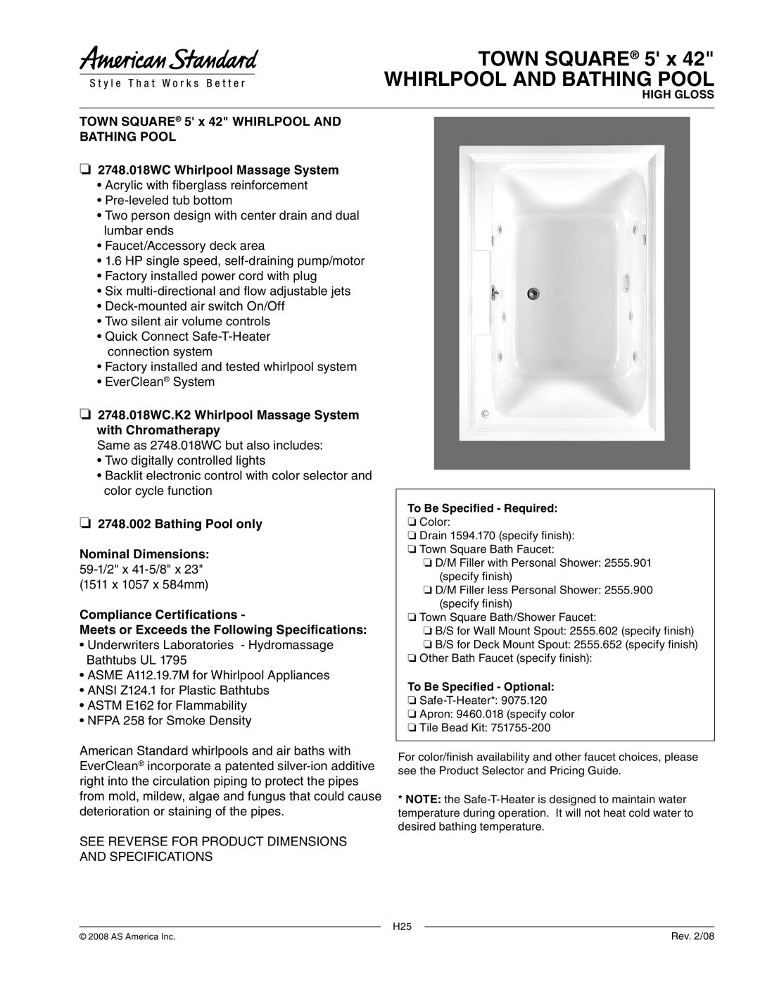 American Standard 2748.002, 2748.018WC.K2 dimensions Whirlpool and Bathing Pool 