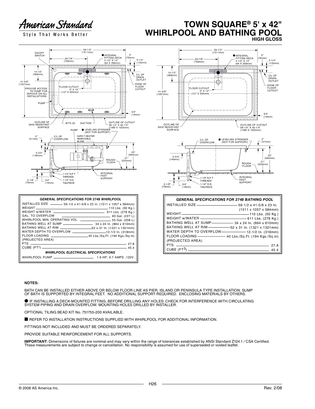 American Standard 2748.018WC General Specifications for 2748 Bathing Pool, General Specifications for 2748 Whirlpool 