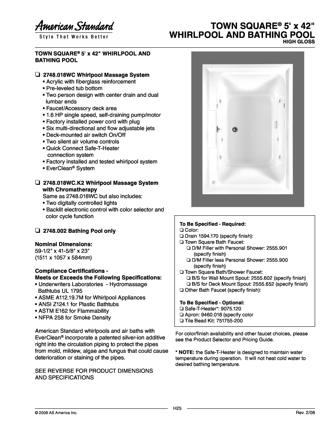 American Standard 2748.002 dimensions TOWN SQUARE 5 x WHIRLPOOL AND BATHING POOL, 2748.018WC Whirlpool Massage System 