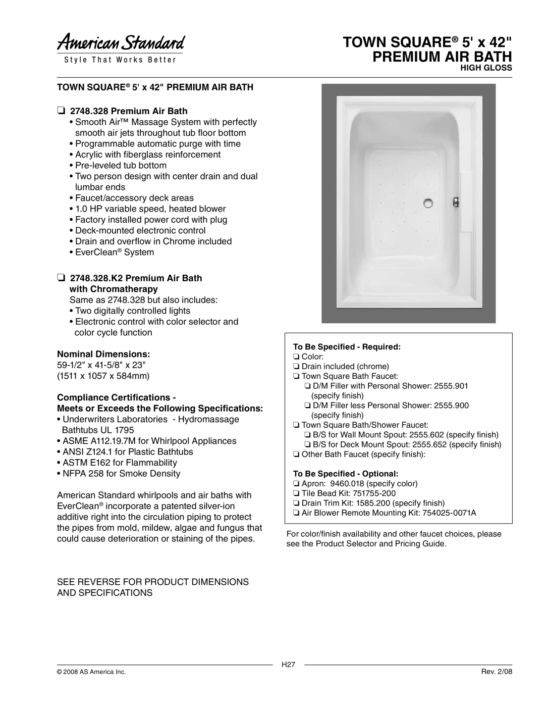 American Standard dimensions Premium AIR Bath, 2748.328.K2 Premium Air Bath with Chromatherapy, Nominal Dimensions 