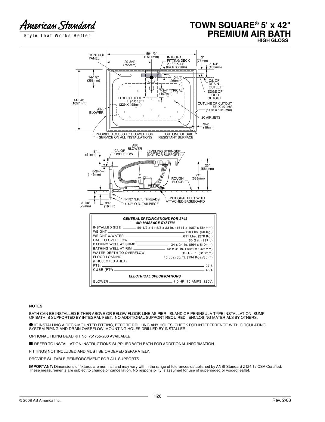 American Standard 2748.328.K2 dimensions General Specifications for AIR Massage System, Electrical Specifications 