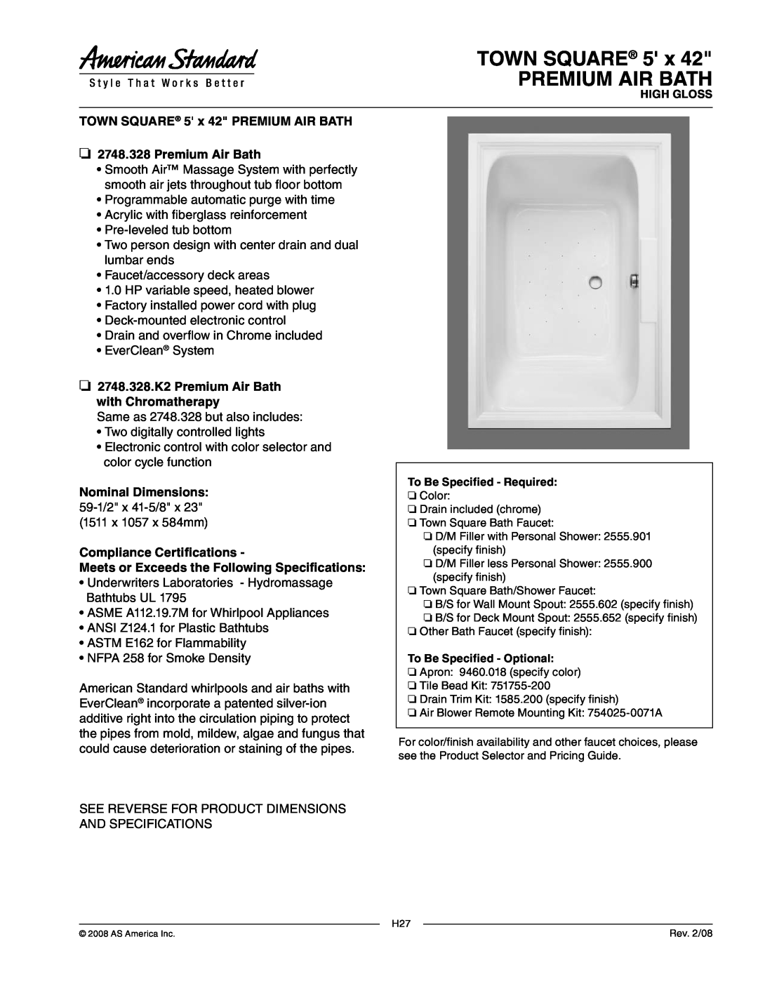 American Standard dimensions TOWN SQUARE 5 x PREMIUM AIR BATH, 2748.328.K2 Premium Air Bath with Chromatherapy 