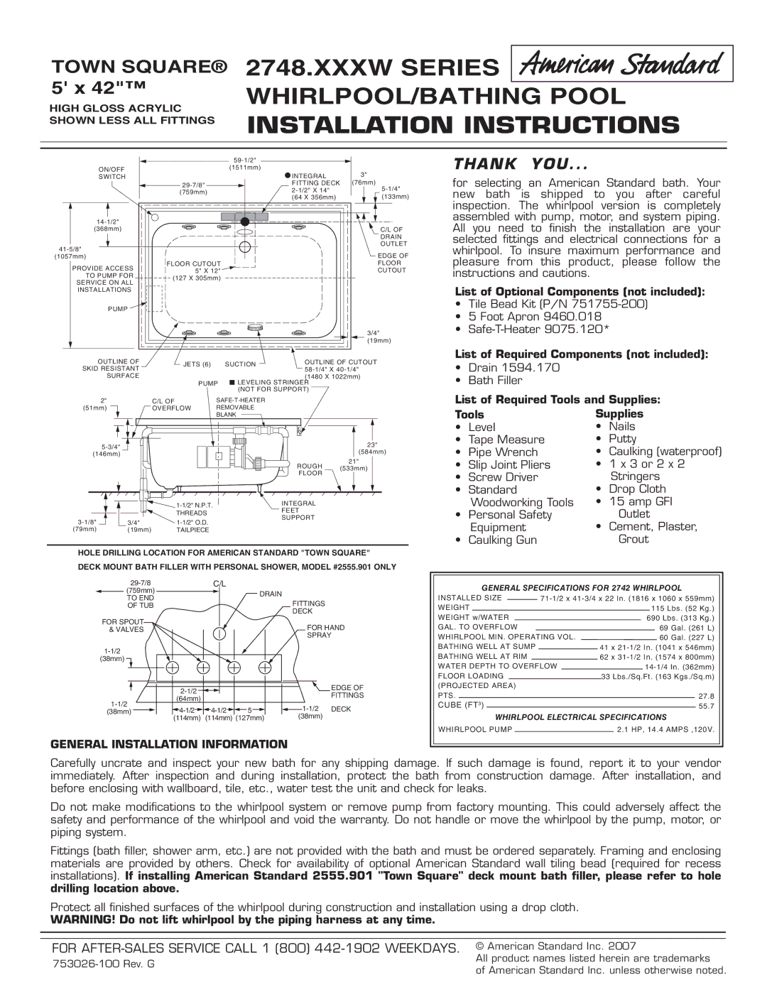 American Standard 2748.XXXW installation instructions List of Optional Components not included 