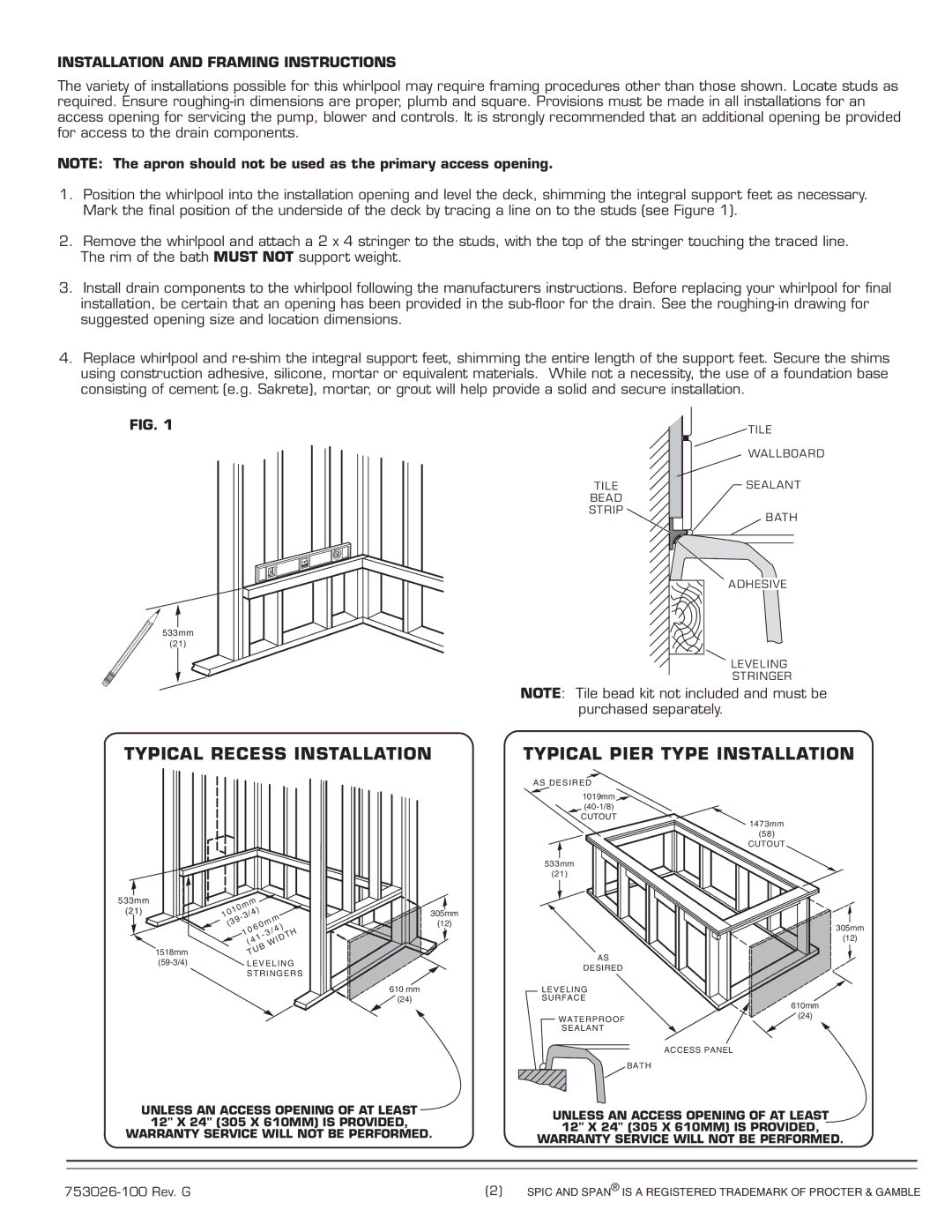 American Standard 2748.XXXW installation instructions Typical Pier Type Installation, Installation and Framing Instructions 