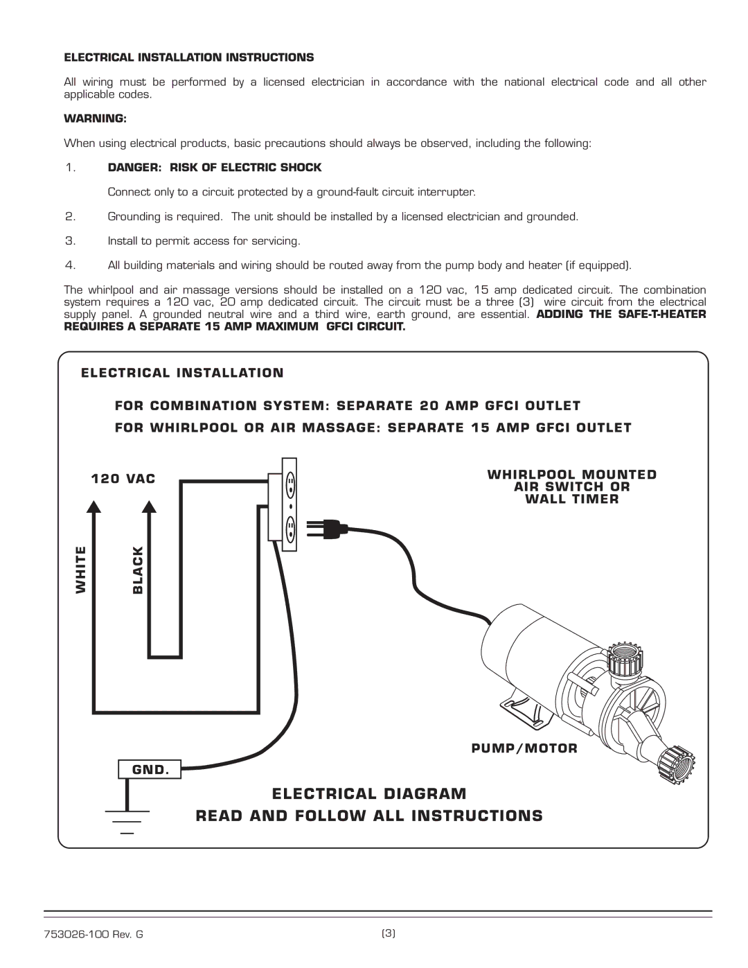 American Standard 2748.XXXW Electrical Installation Instructions, Requires a Separate 15 AMP Maximum Gfci Circuit 