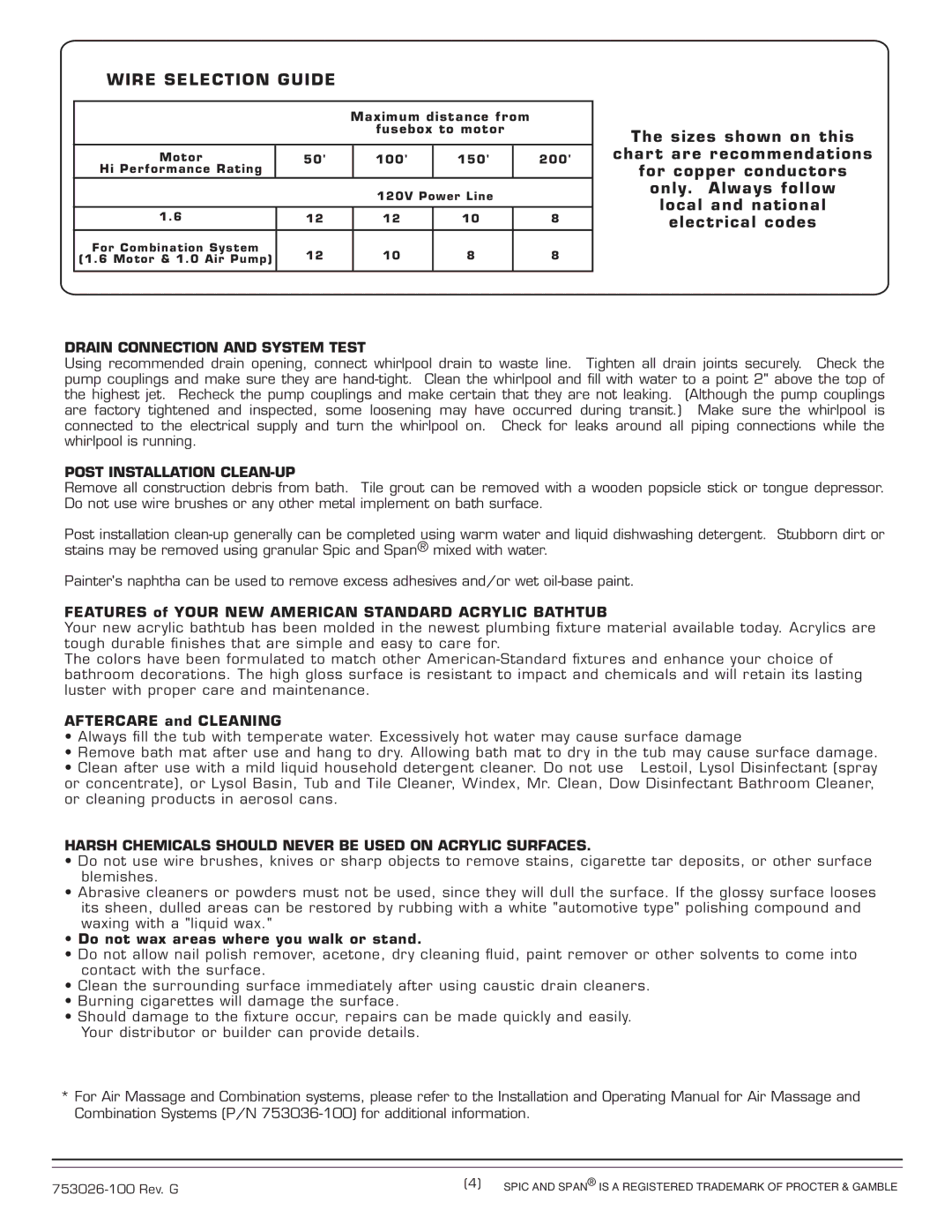 American Standard 2748.XXXW installation instructions Drain Connection and System Test, Post Installation CLEAN-UP 