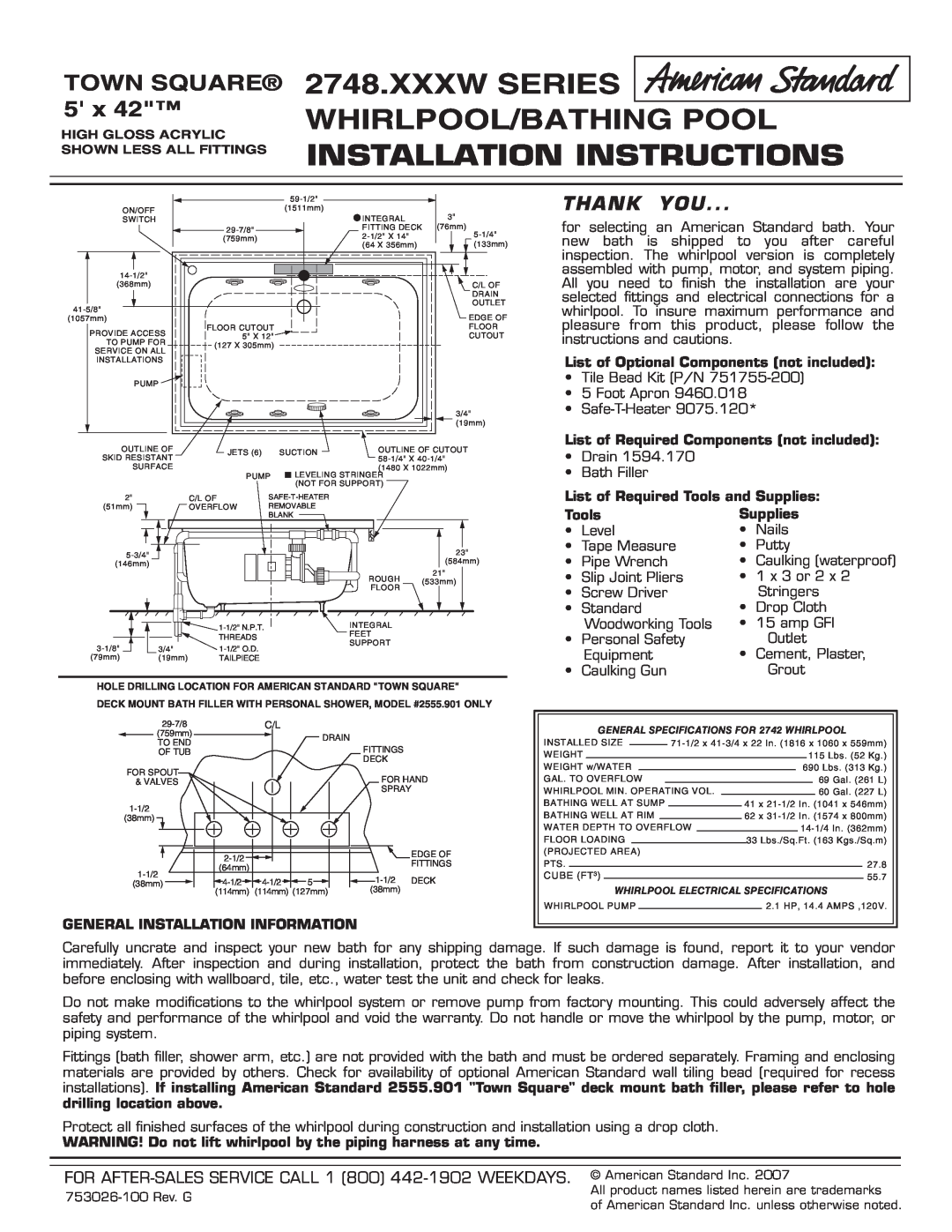 American Standard 2748.XXXW installation instructions Xxxw Series Whirlpool/Bathing Pool Installation Instructions, Tools 