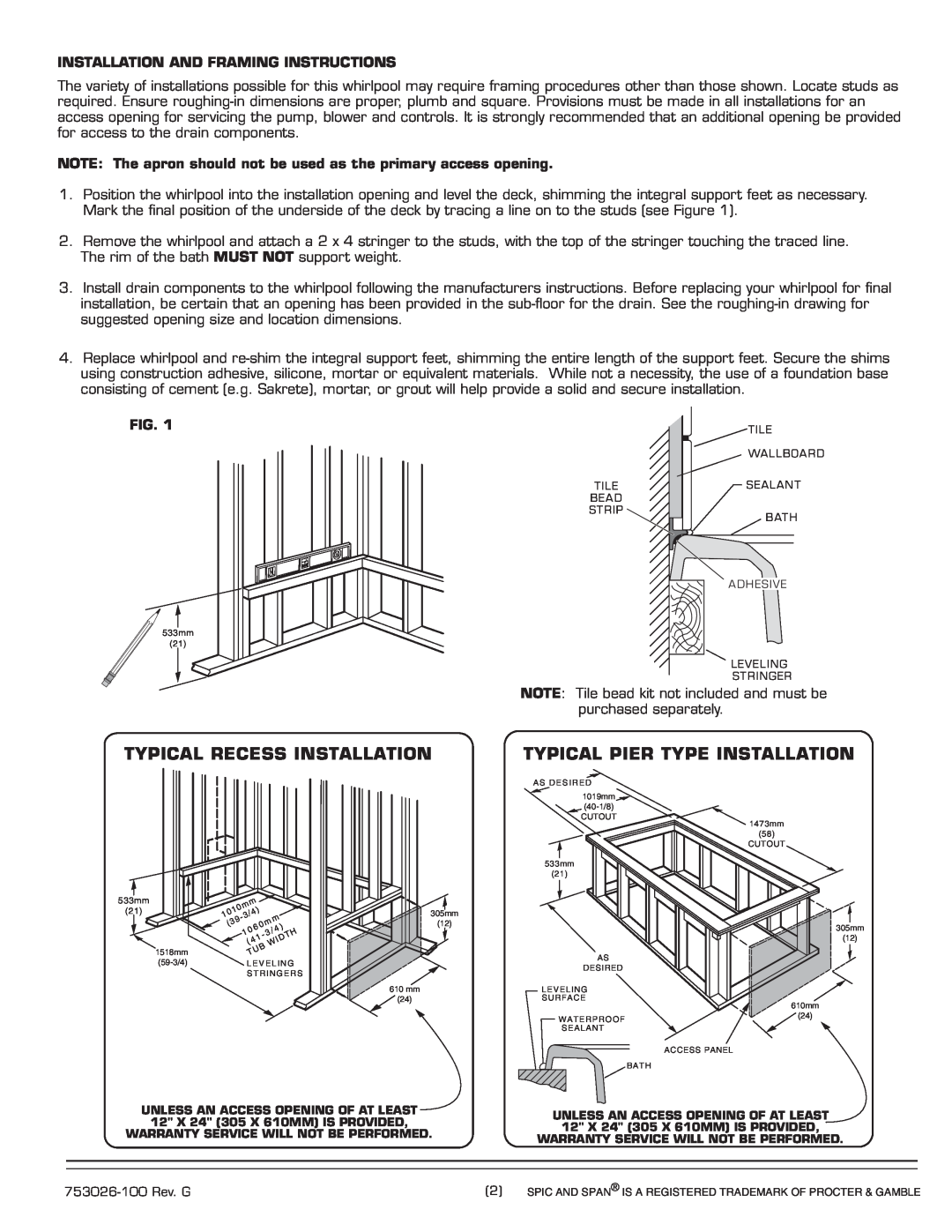 American Standard 2748.XXXW installation instructions Typical Recess Installation, Typical Pier Type Installation 
