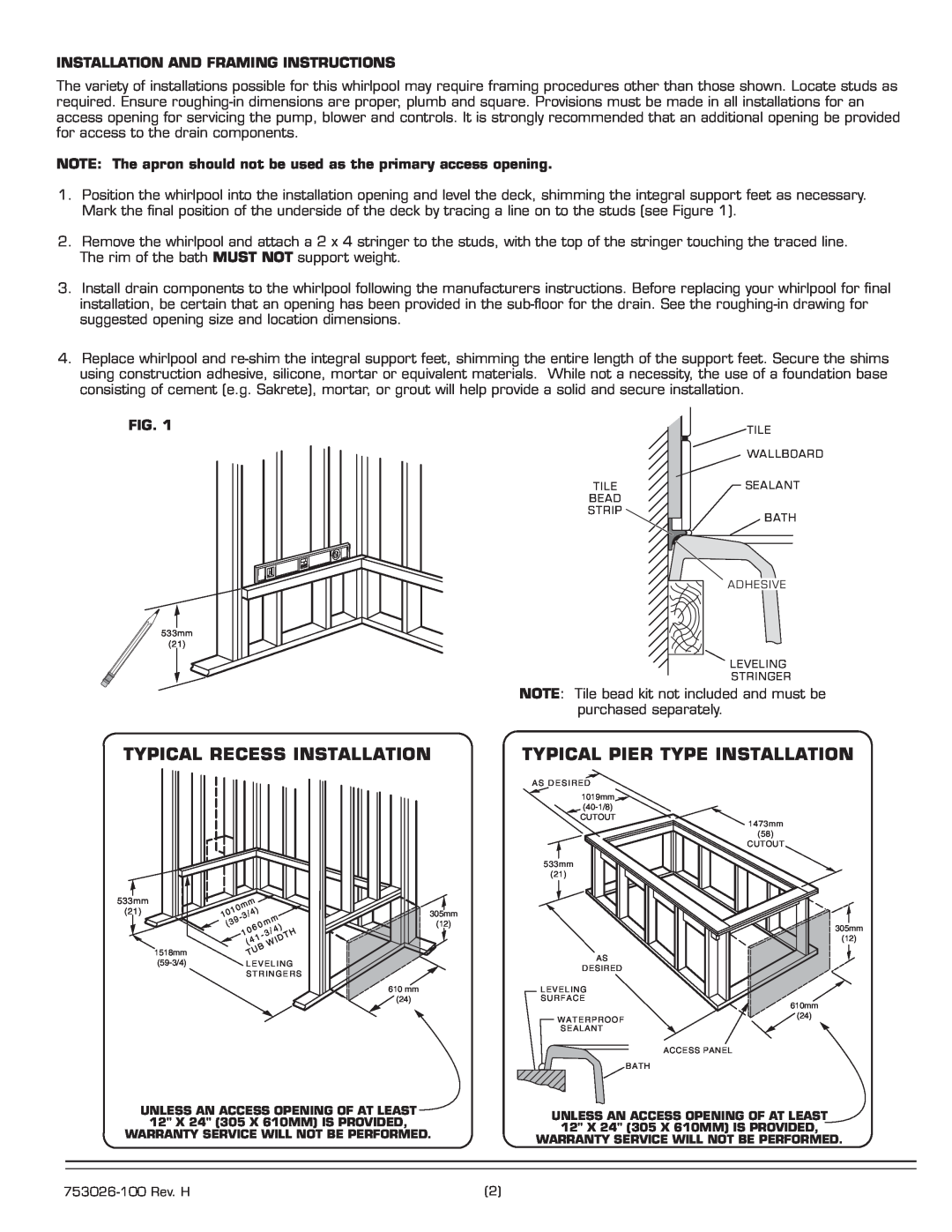 American Standard 2748.XXXX installation instructions Typical Recess Installation, Typical Pier Type Installation 