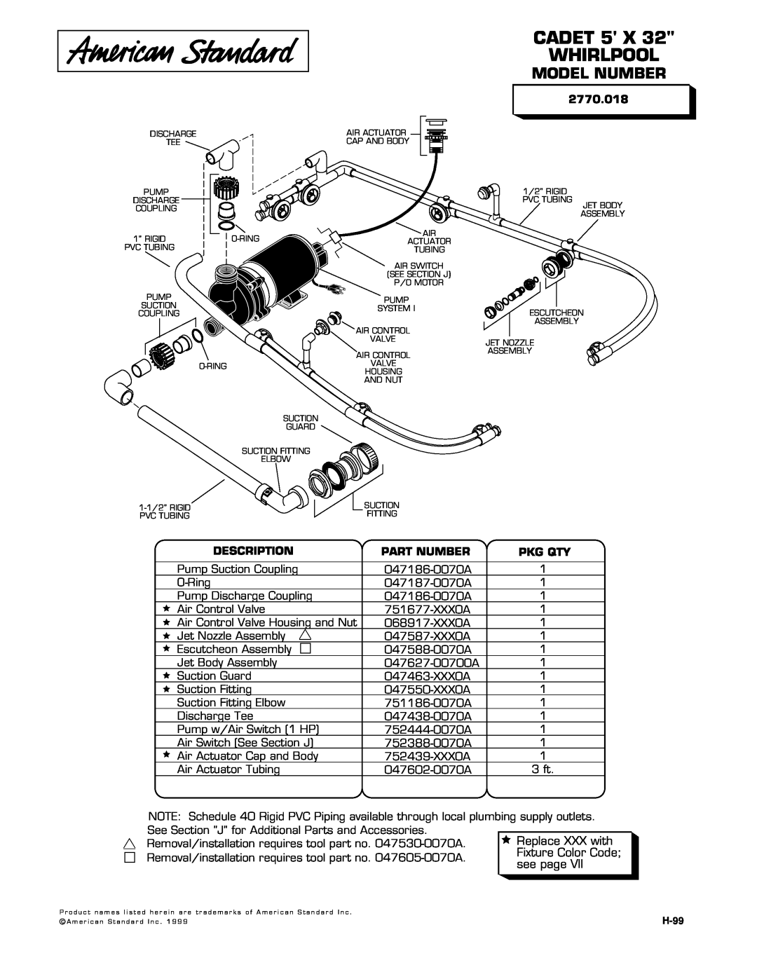 American Standard 2770.018 manual CADET 5 X WHIRLPOOL, Model Number, Description, Part Number, Pkg Qty 