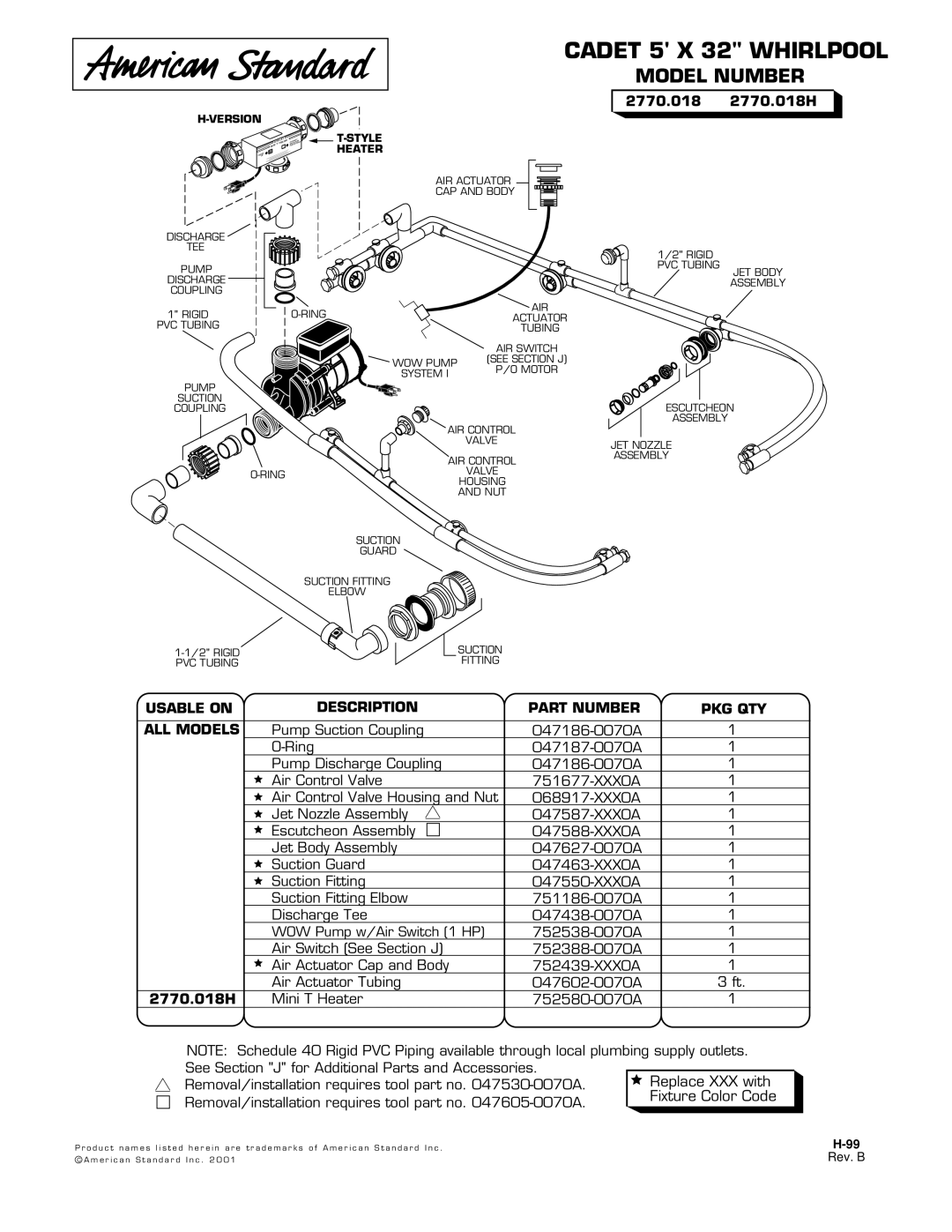 American Standard manual Cadet 5 X 32 Whirlpool, Model Number, 2770.018 2770.018H 