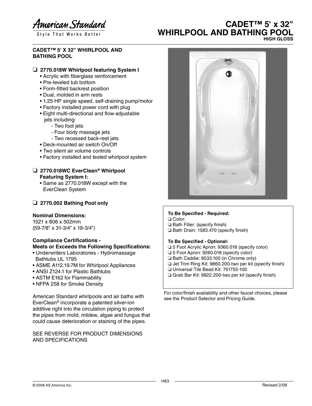 American Standard 2770.018WC, 2770.002, 9360.018, 1583.470 dimensions Whirlpool and Bathing Pool 