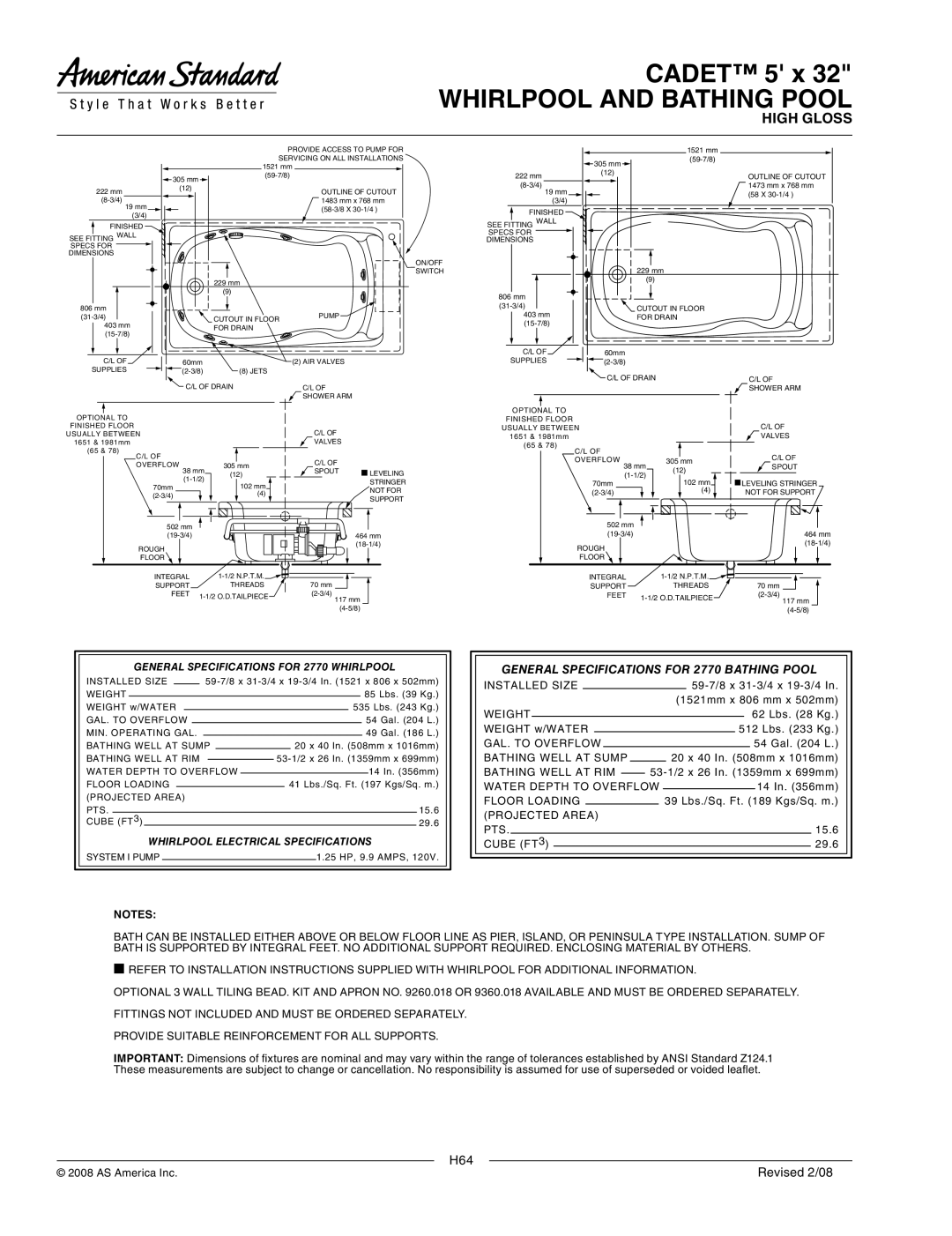 American Standard 2770.002 General Specifications for 2770 Bathing Pool, General Specifications for 2770 Whirlpool 