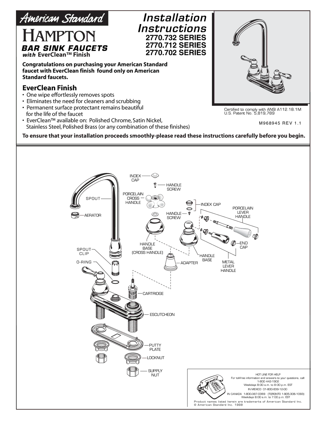 American Standard 2770.712 Series, 2770.732 Series, 2770.702 Series installation instructions Installation Instructions 