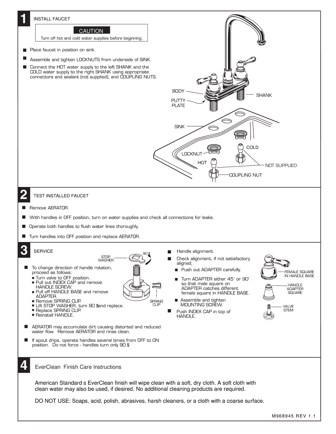 American Standard 2770.702 Series, 2770.732 Series Install Faucet, Cold, Hot, Test Installed Faucet, Service 