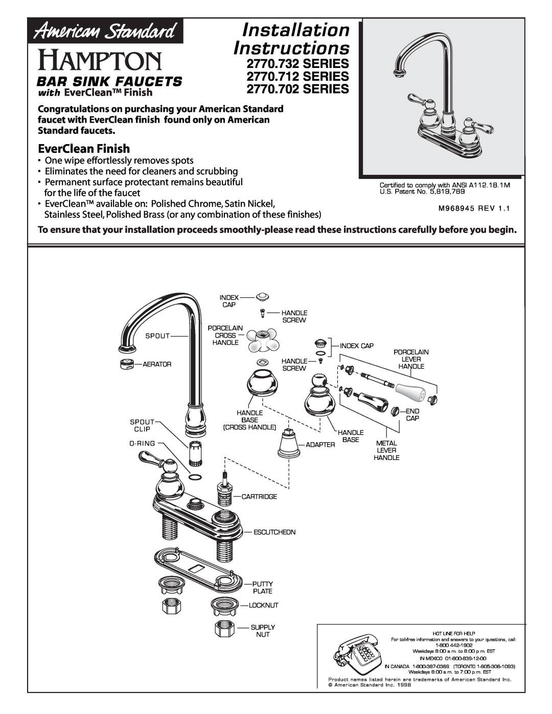 American Standard 2770.712 Series installation instructions Installation Instructions, Bar Sink Faucets, EverClean Finish 
