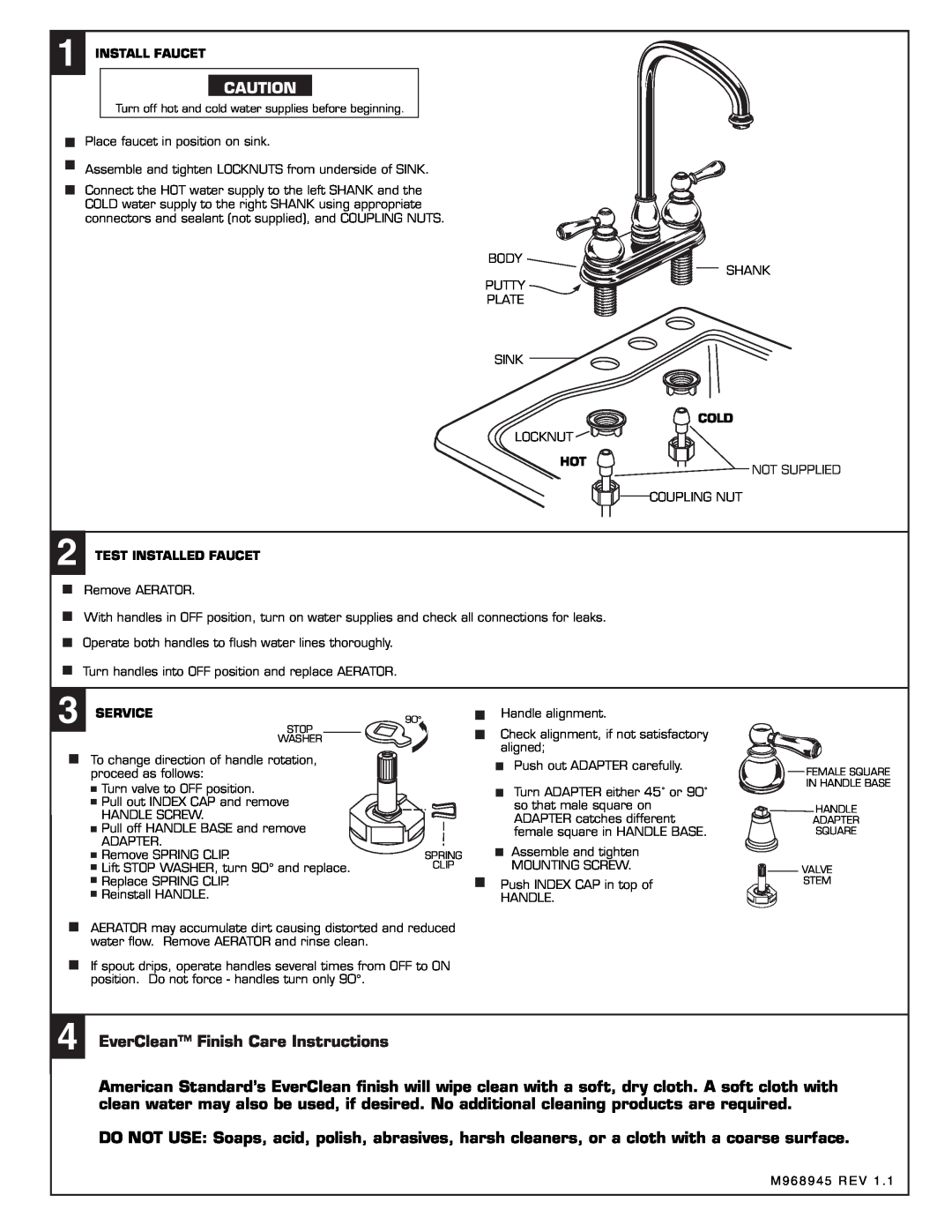 American Standard 2770.702 Series EverClean Finish Care Instructions, Install Faucet, Cold, Test Installed Faucet, Service 