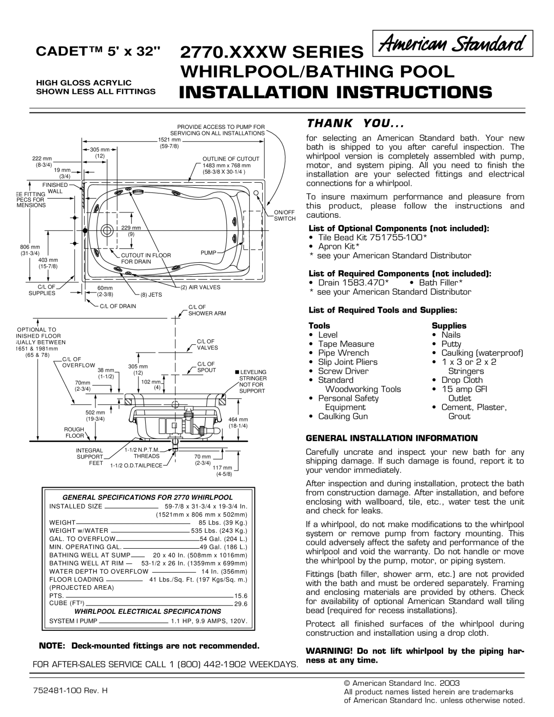 American Standard 2770.XXXW Series installation instructions General Installation Information, Supplies 