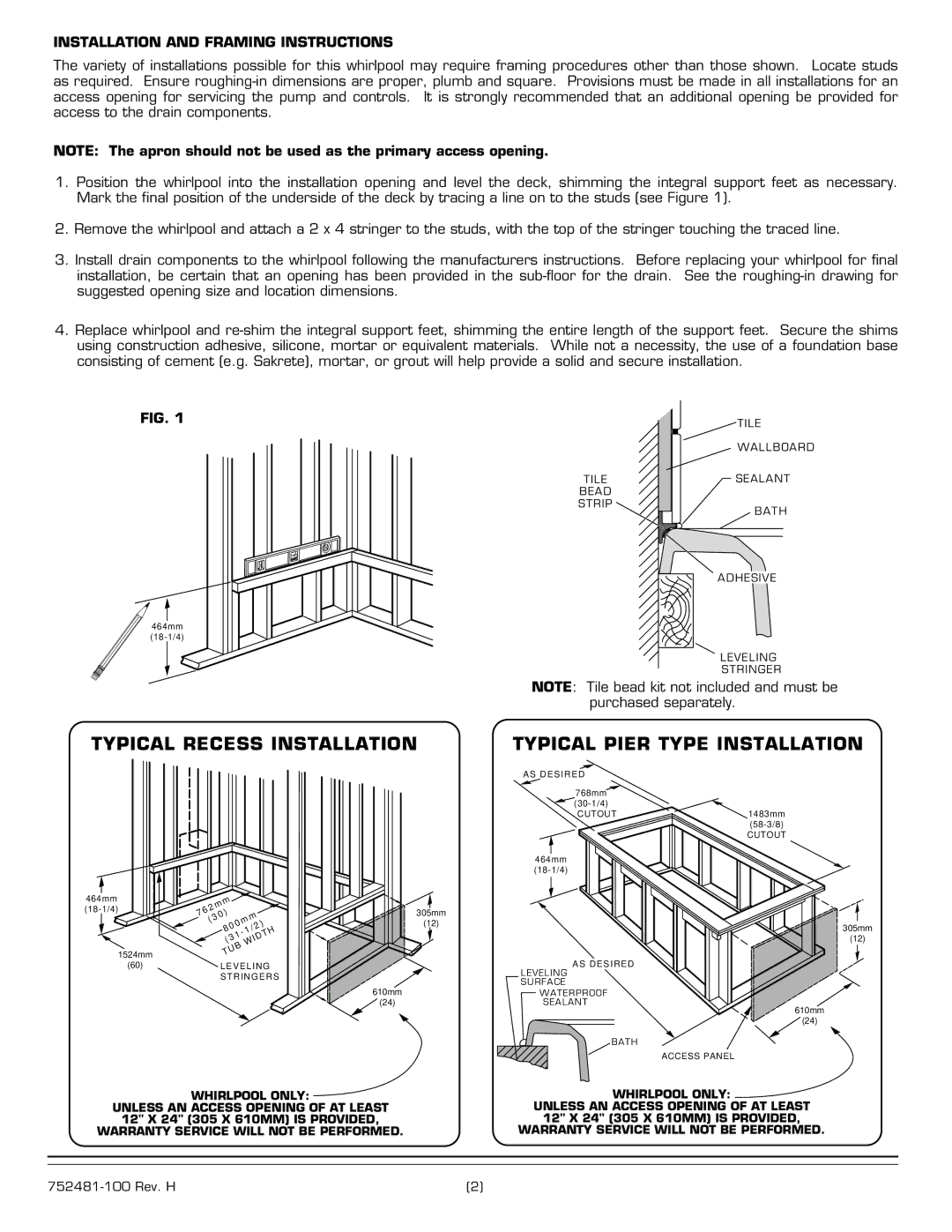 American Standard 2770.XXXW Series Typical Recess Installation, Installation and Framing Instructions 