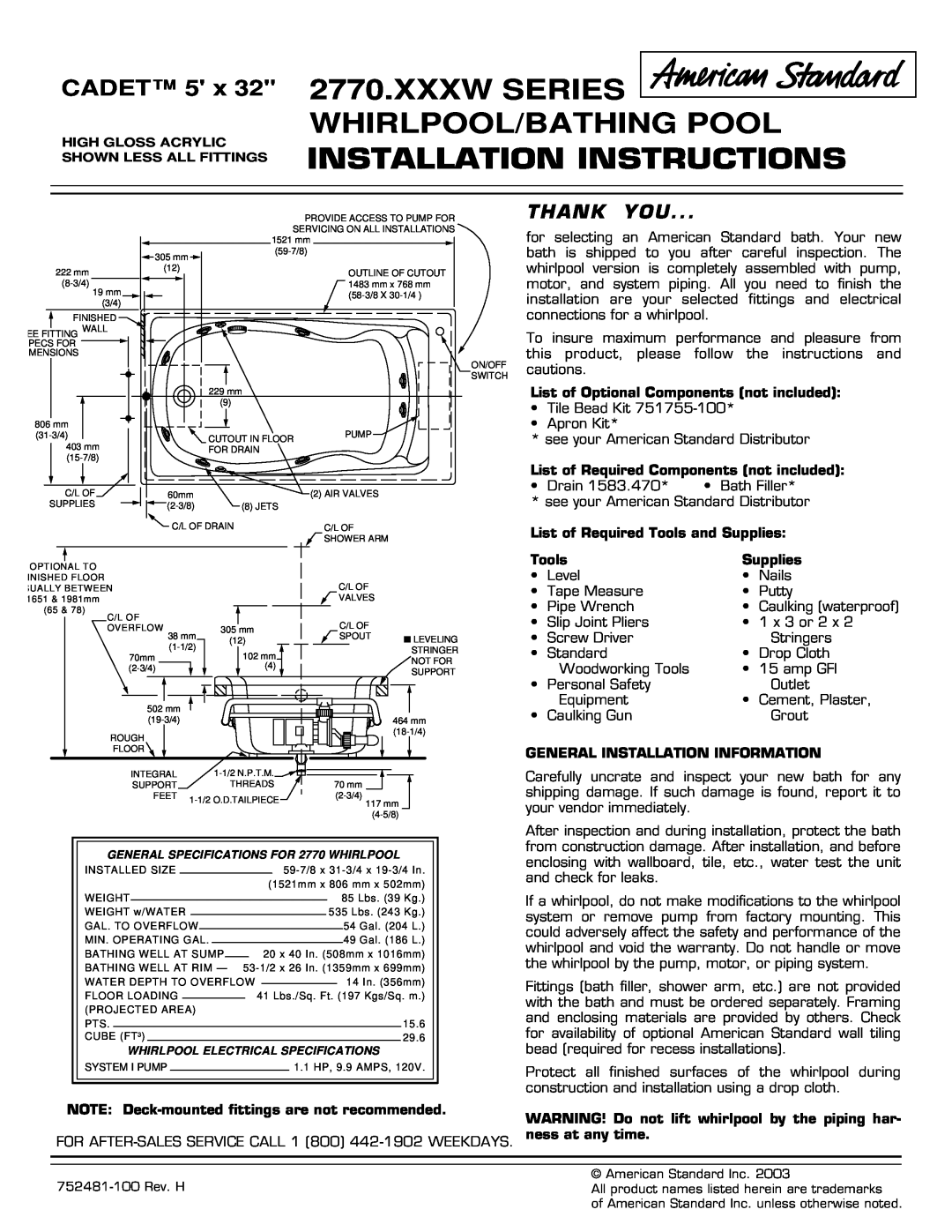 American Standard 2770.XXXW Series installation instructions Xxxw Series Whirlpool/Bathing Pool, Installation Instructions 